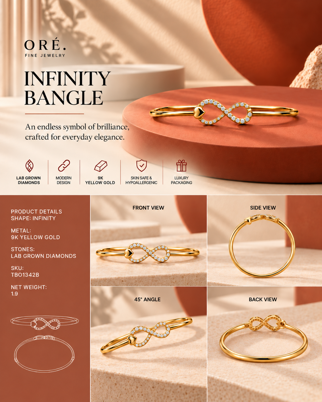 Oré 9K Gold Diamond Infinity Bangle, set with laboratory-grown diamonds, view 3