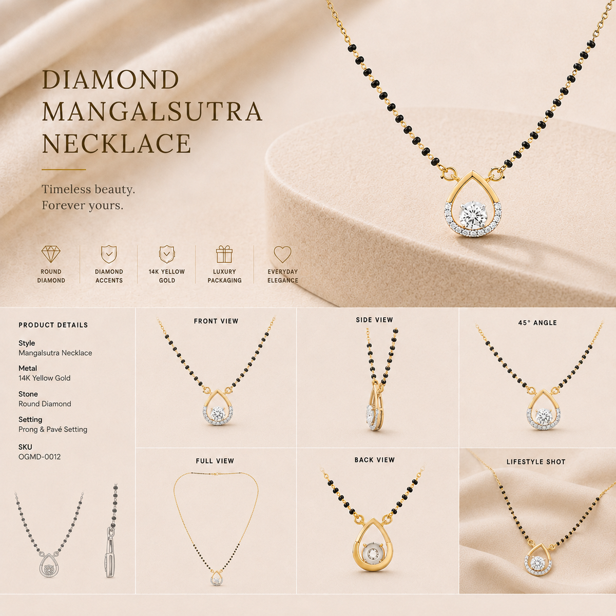 14K gold pear drop diamond mangalsutra pendant by Oré, view 3