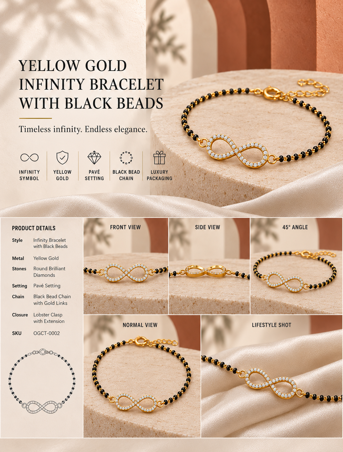 Oré 9K Gold Diamond Infinity Mangalsutra Bracelet, set with laboratory-grown diamonds, view 3
