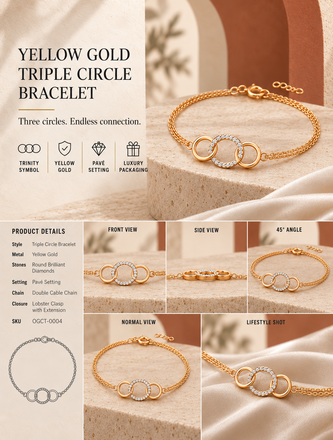 Oré 9K Gold Interlocking Triple-Circle Chain Bracelet with laboratory-grown diamonds, view 3