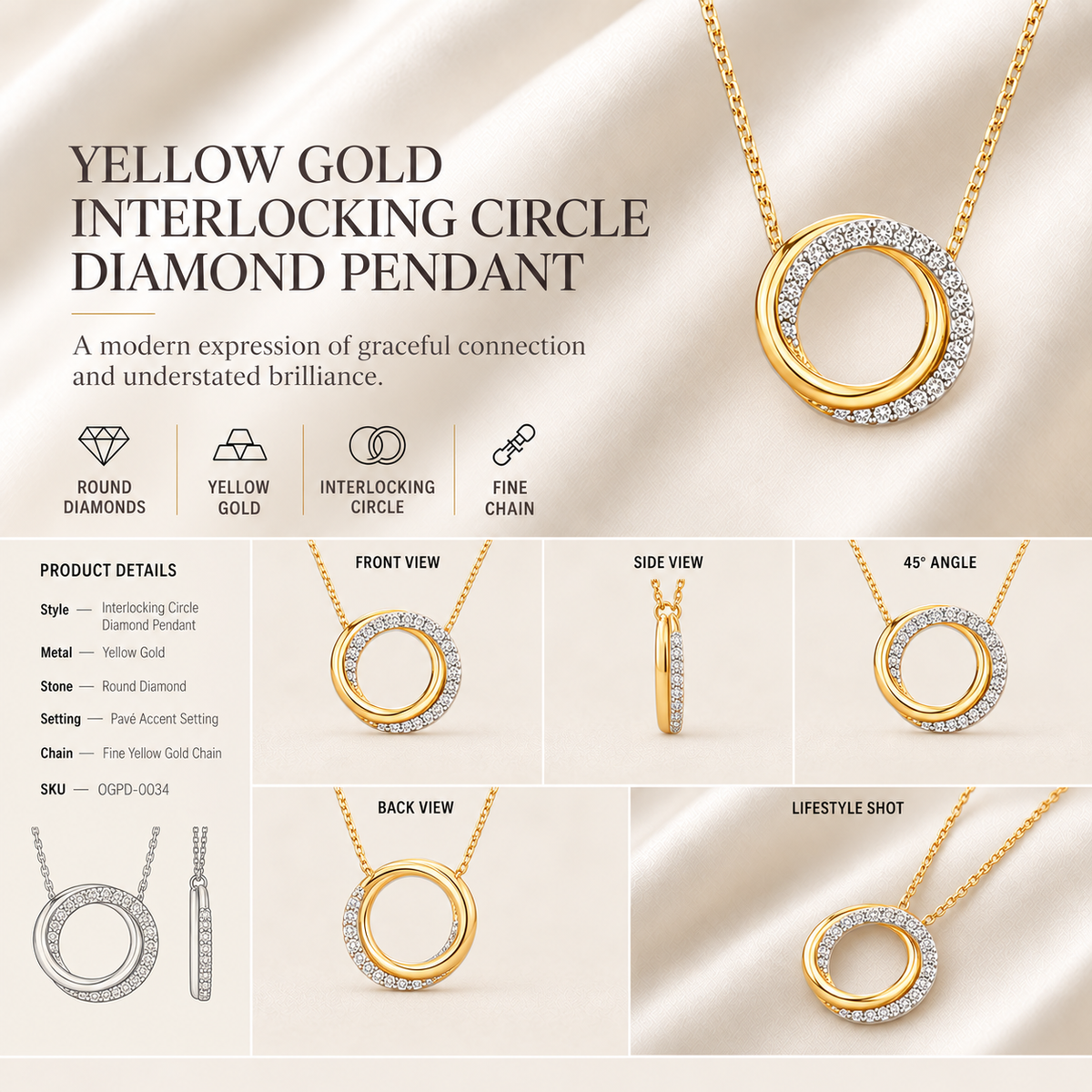 14K gold double circle diamond pendant by Oré, view 3