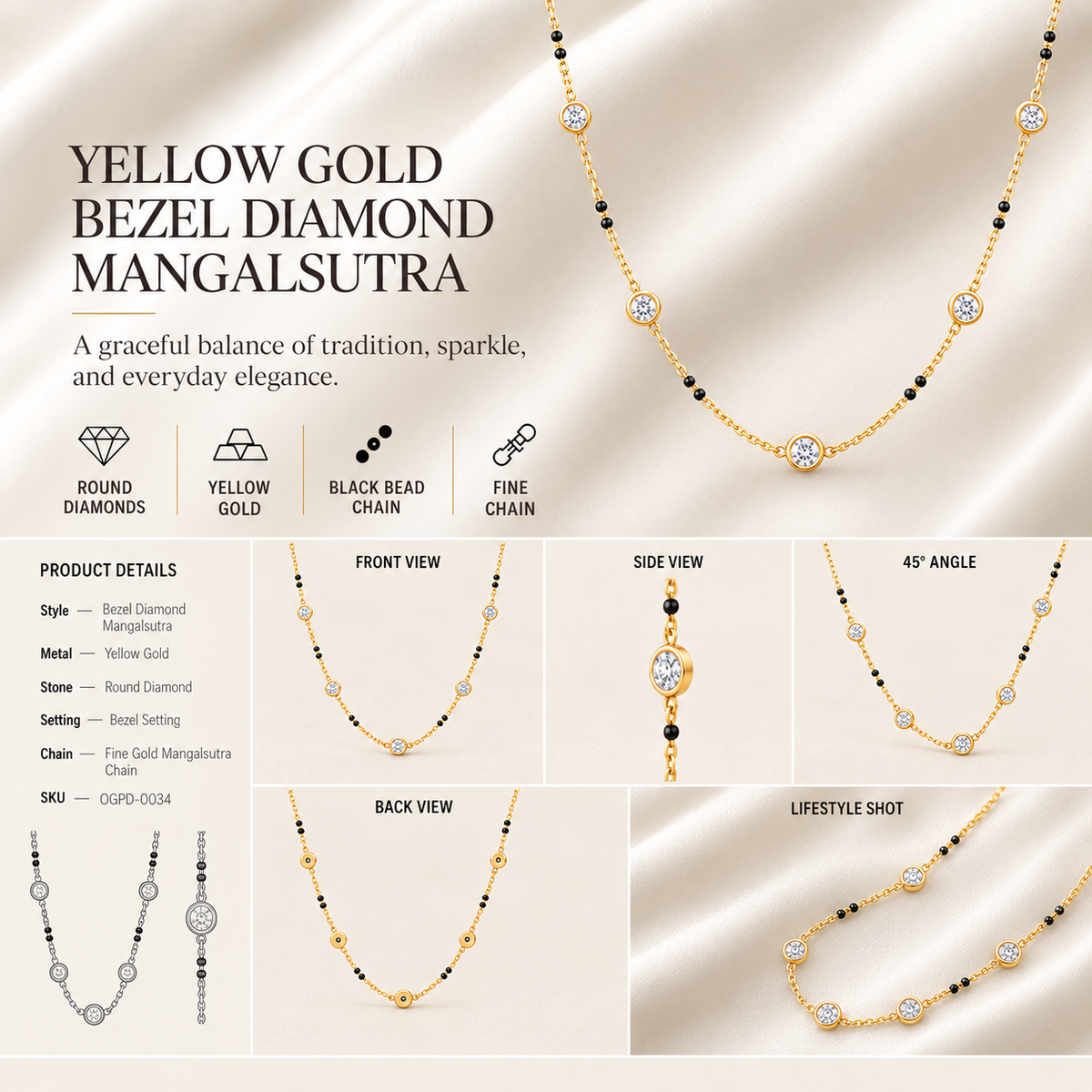 14K gold graduated diamond station necklace by Oré, view 3