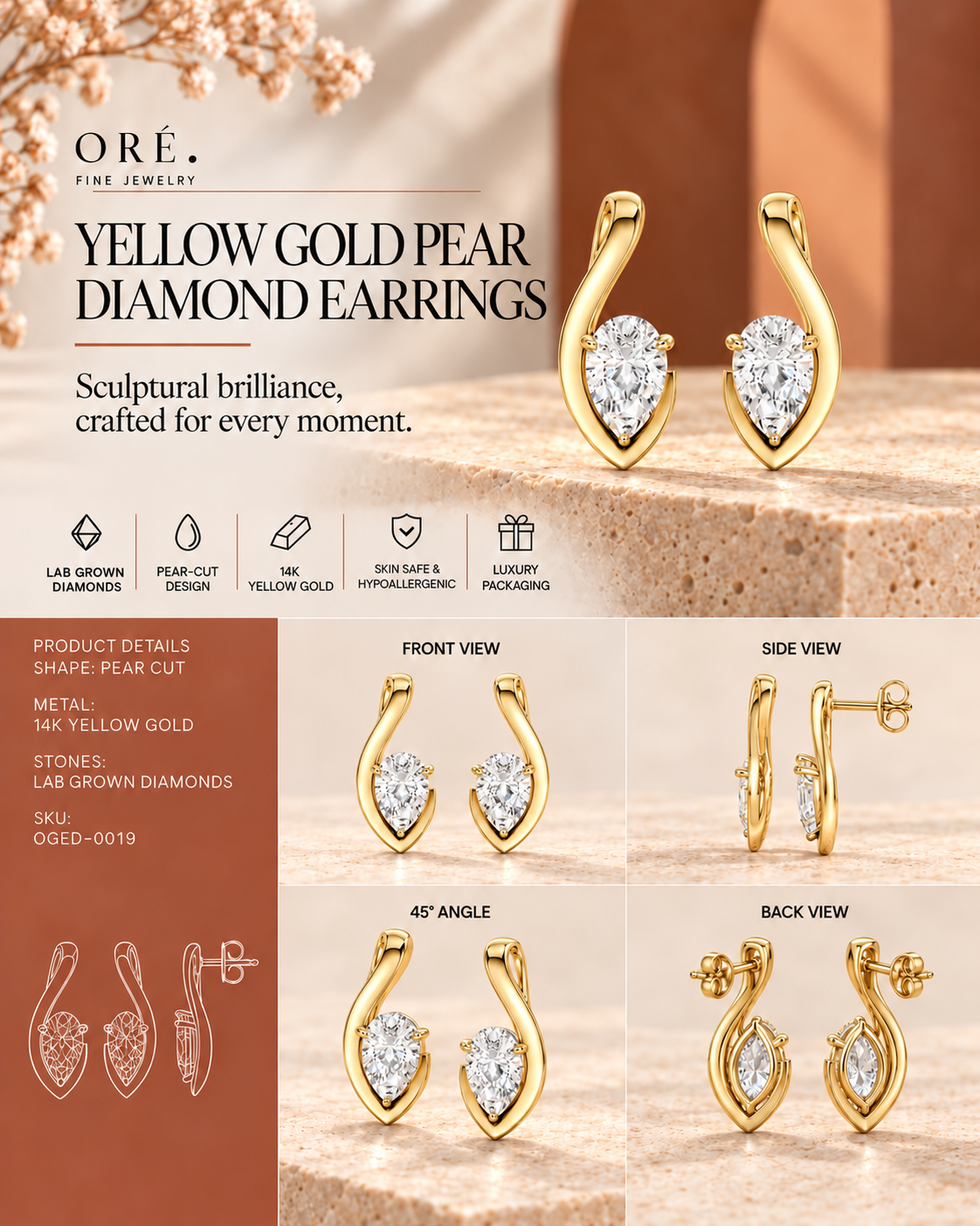 9K yellow gold pear solitaire diamond earrings by Oré, view 3