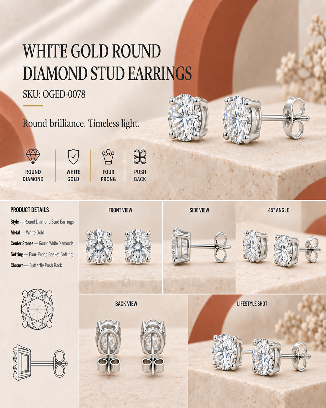 9K yellow gold oval solitaire diamond earrings by Oré, view 3