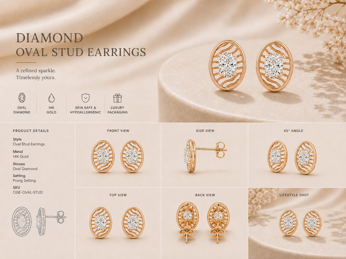 18K gold oval lattice diamond earrings by Oré, view 3