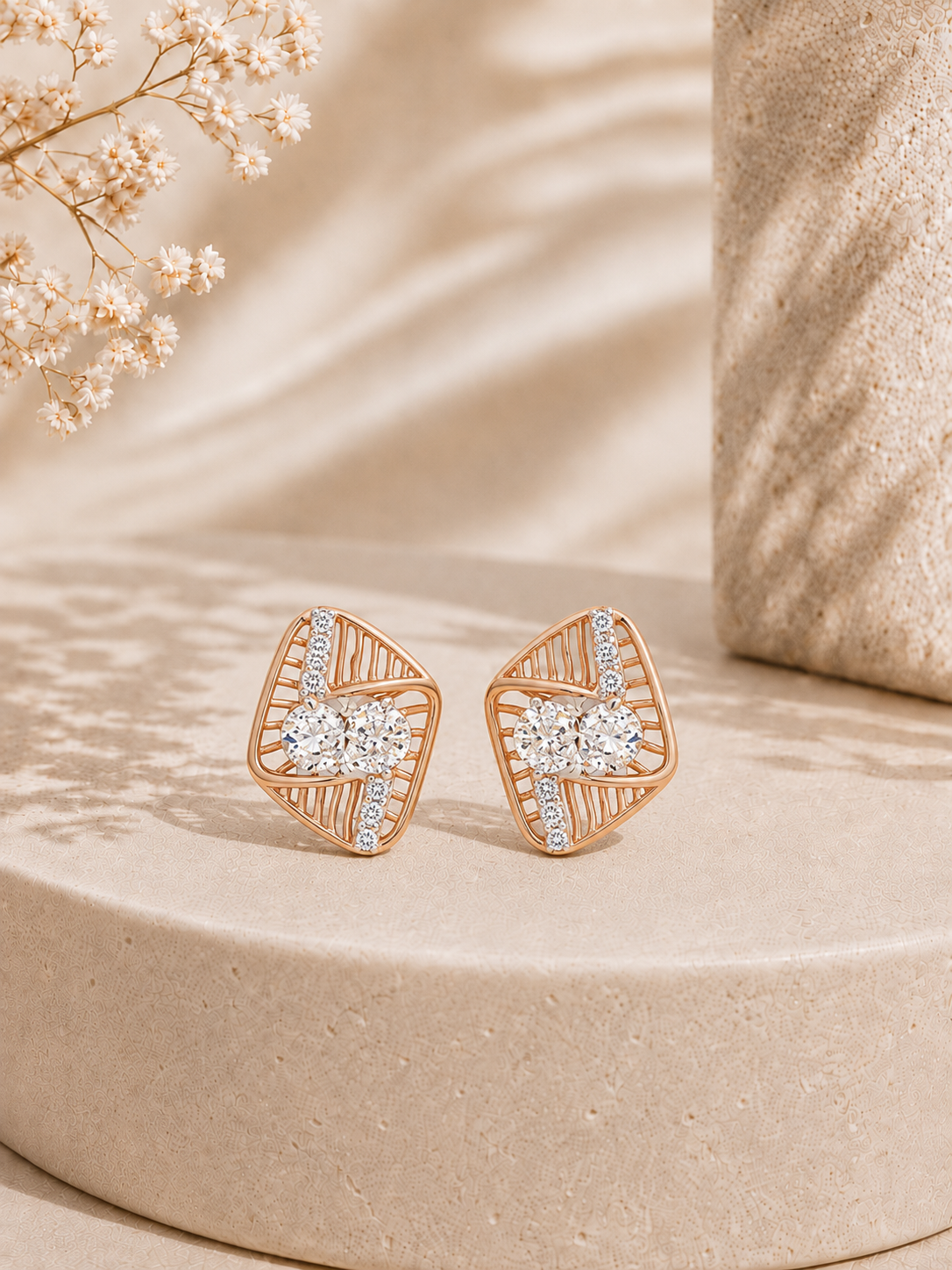 18K gold oval leaf diamond earrings by Oré, view 3