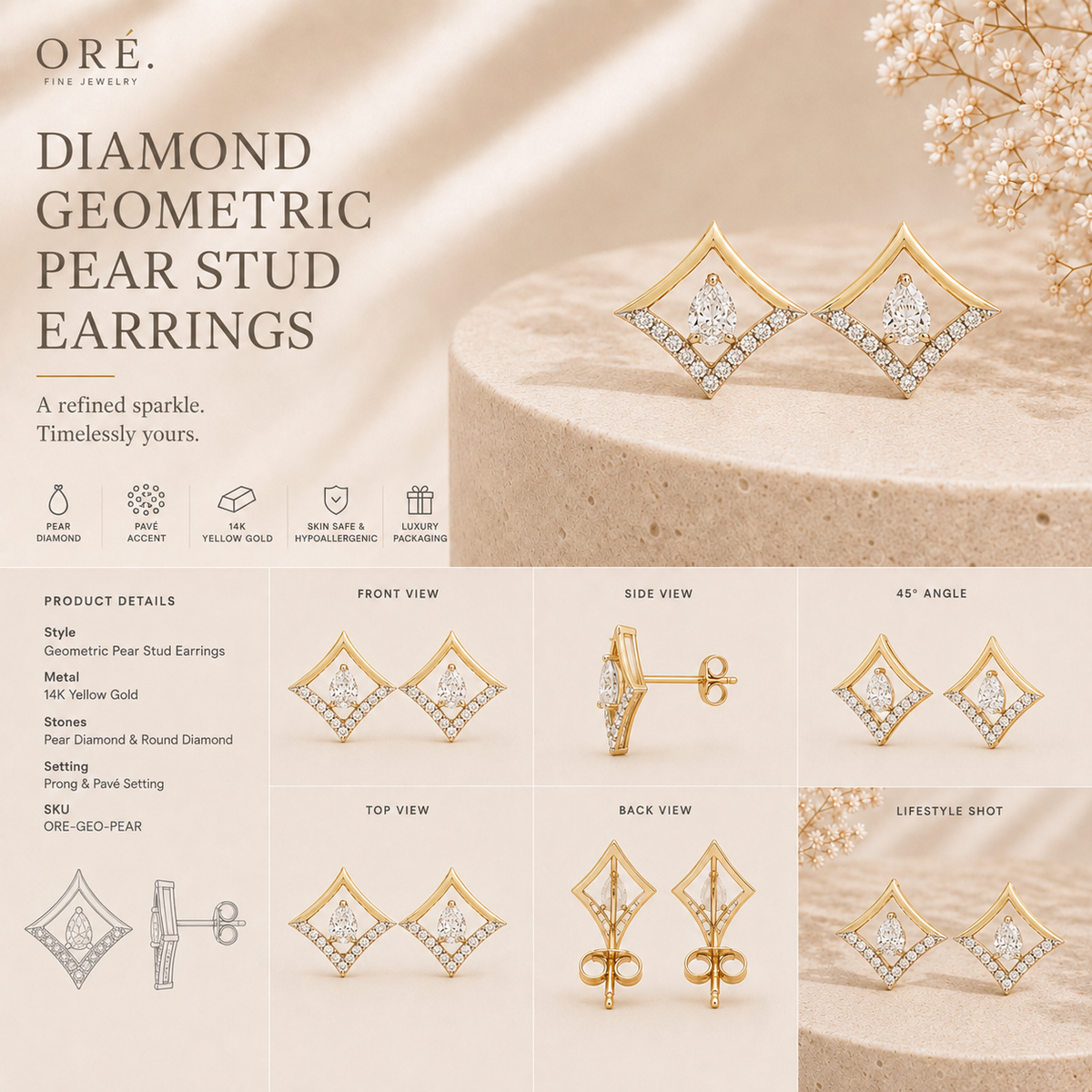 18K gold kite frame diamond earrings by Oré, view 3