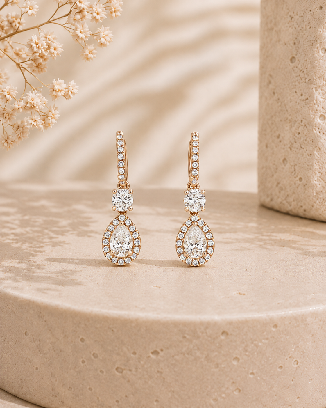 18K gold teardrop halo drop earrings by Oré