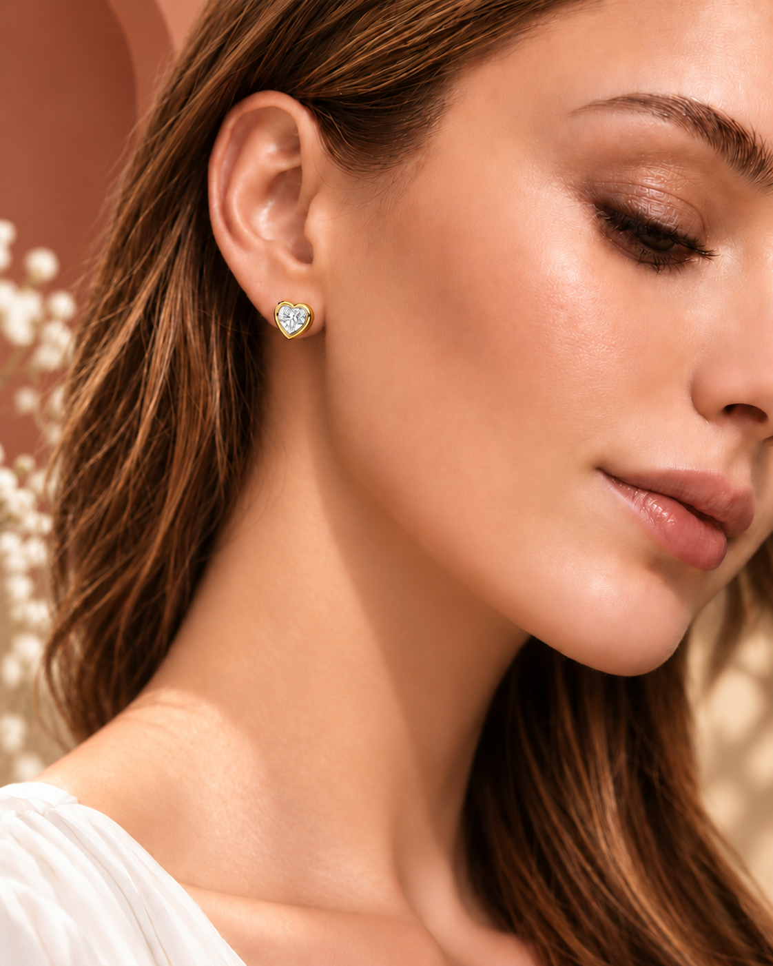 14K yellow gold heart solitaire diamond earrings by Oré, view 2