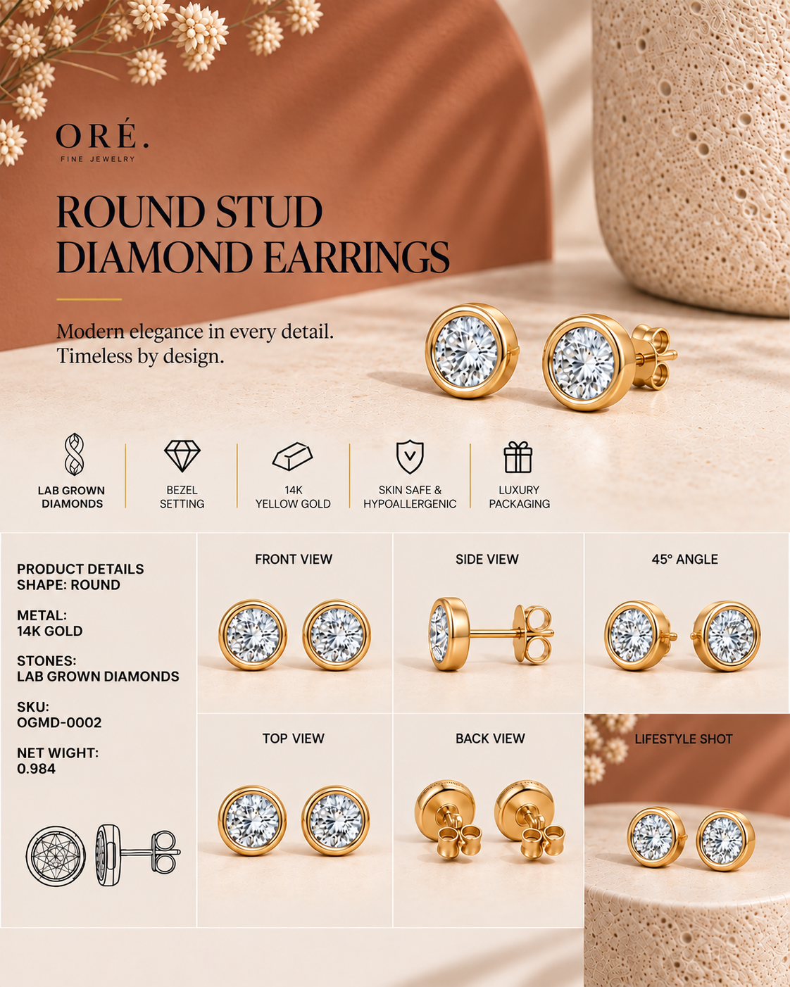 14K yellow gold geometric round diamond earrings by Oré, view 3