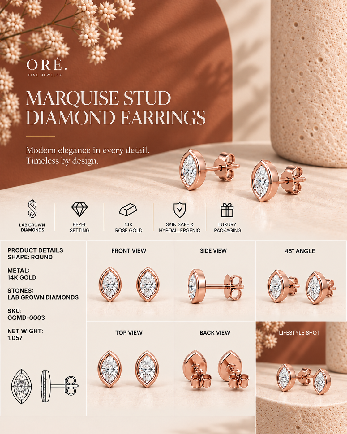 14K rose gold leaf-inspired round diamond earrings by Oré, view 3
