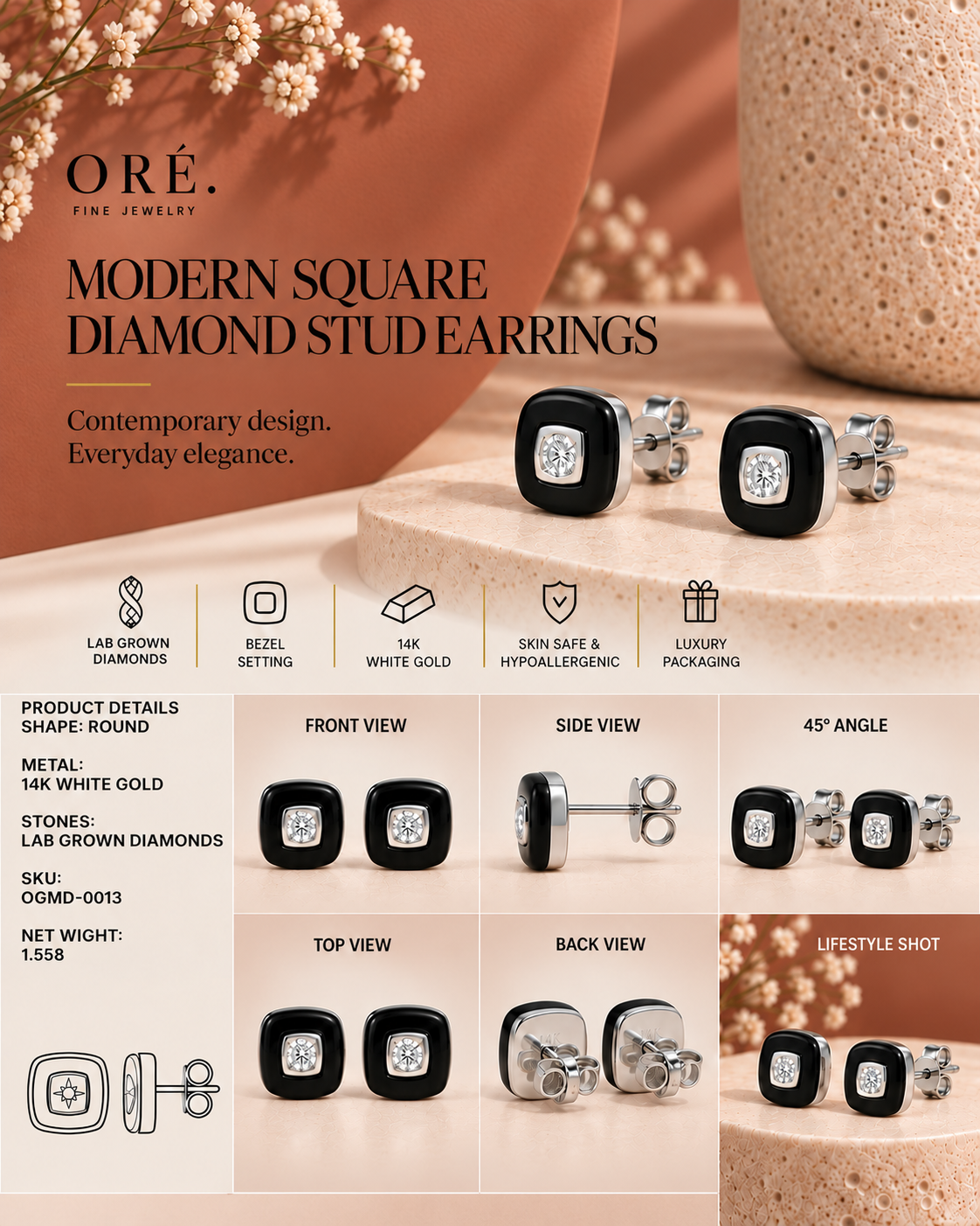 14K white gold open circle round diamond earrings by Oré, view 3
