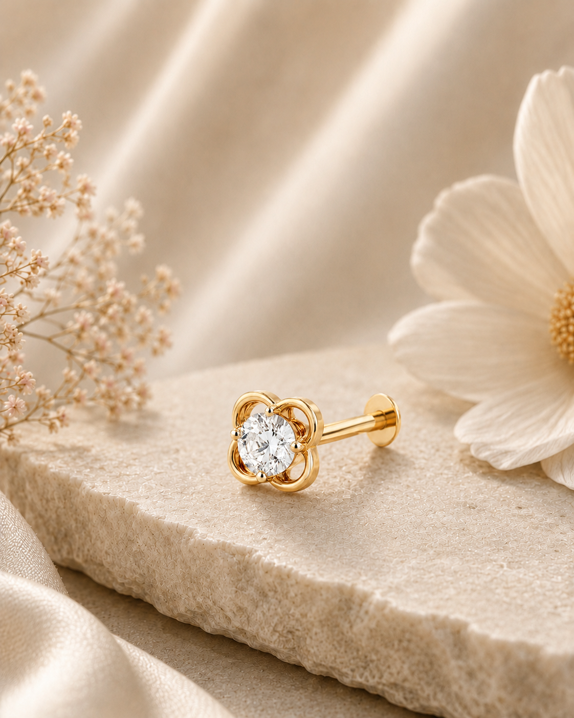 14K gold floral solitaire diamond nose pin by Oré