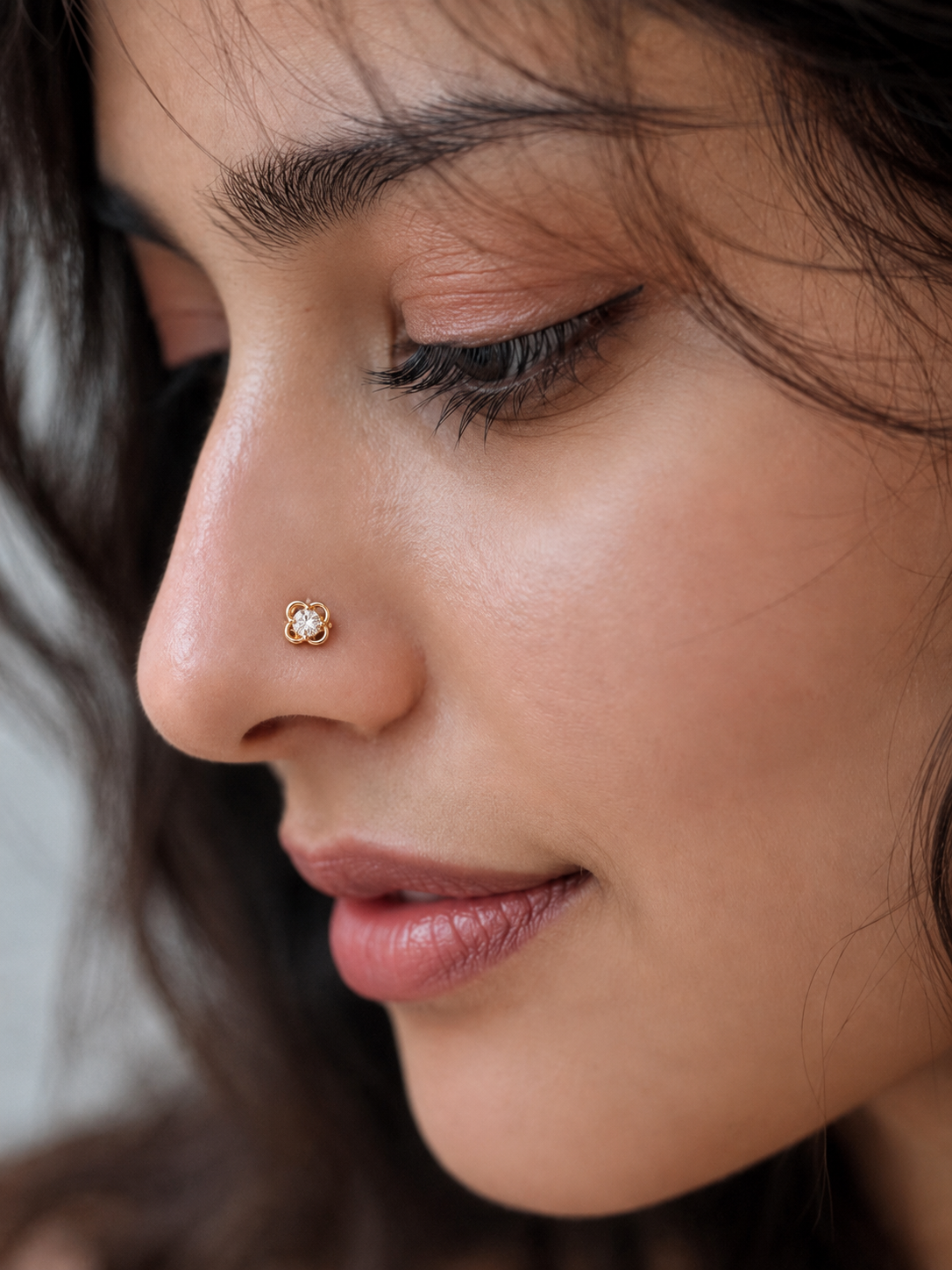 14K gold floral solitaire diamond nose pin by Oré, view 2