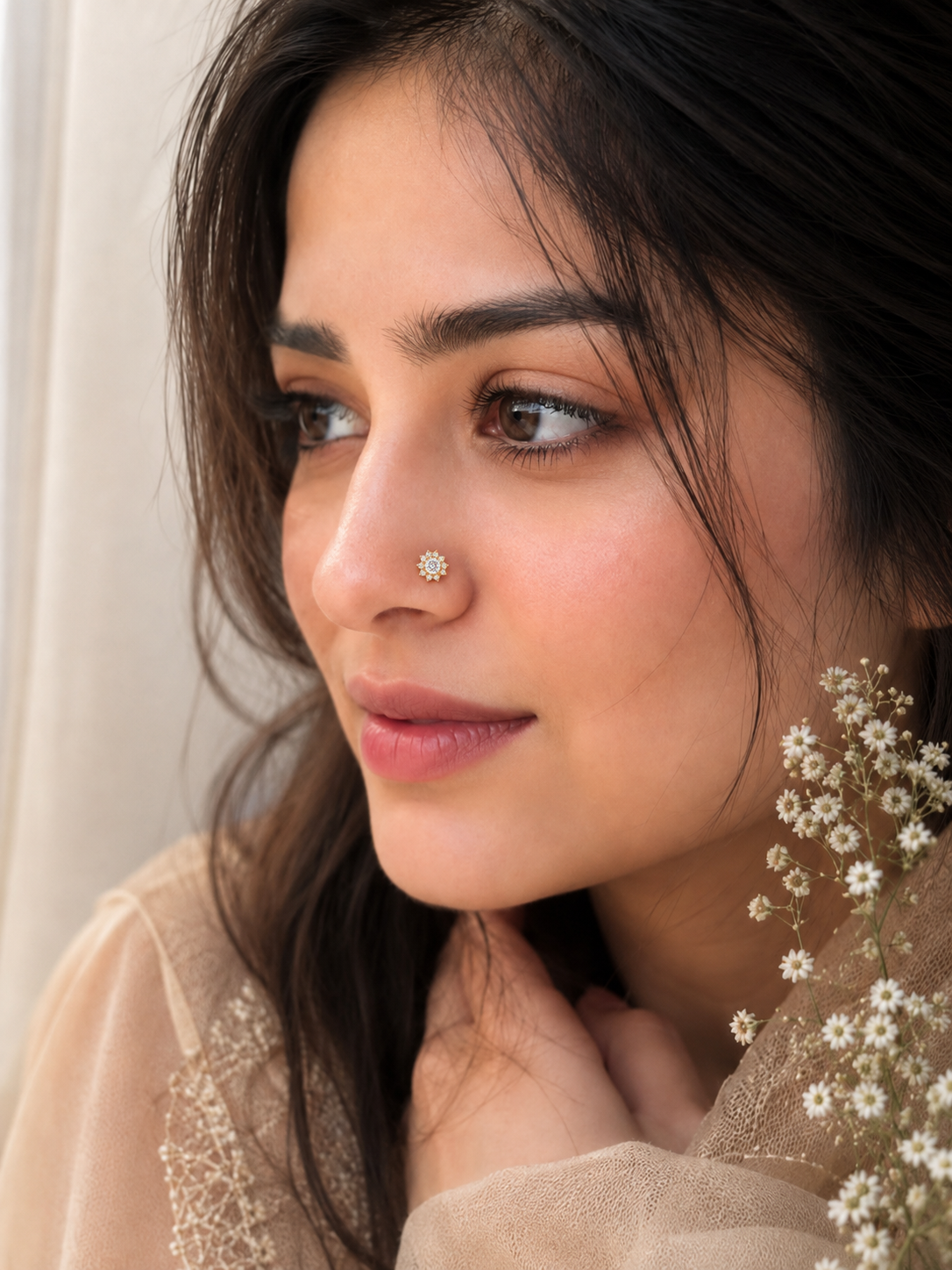 18K gold layered floral cluster nose pin by Oré, view 3