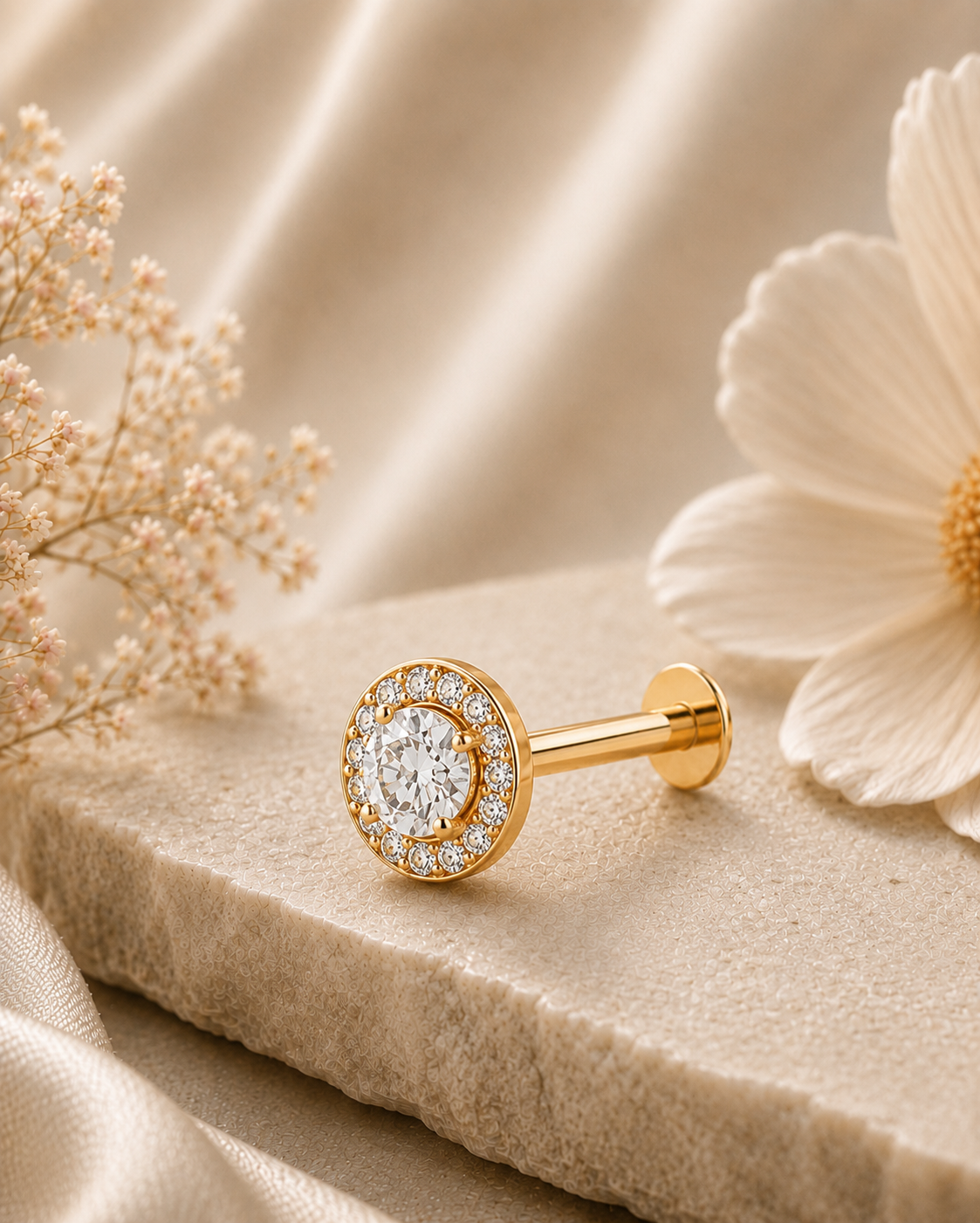 18K gold round halo solitaire nose pin by Oré