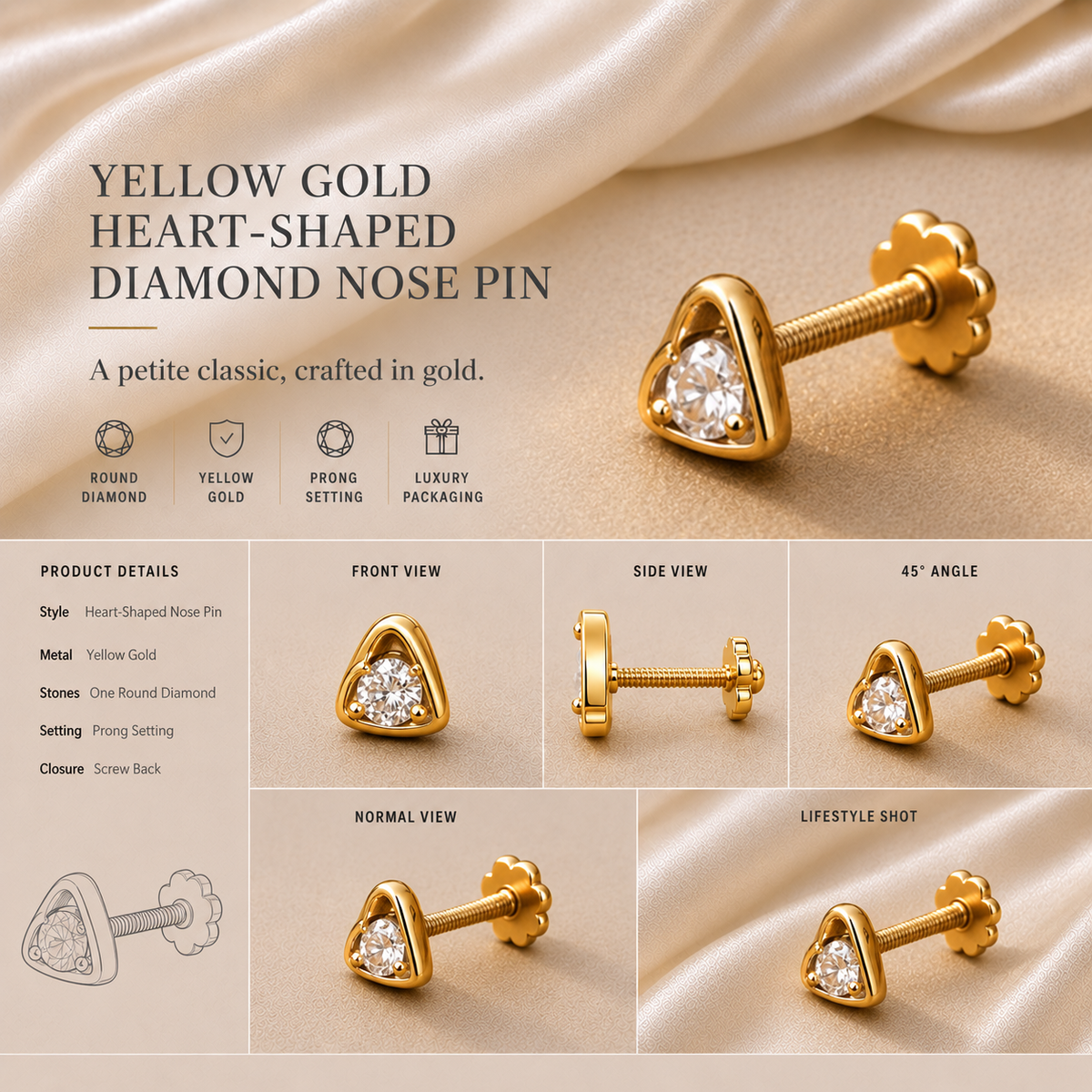 14K gold heart solitaire diamond nose pin by Oré, view 3