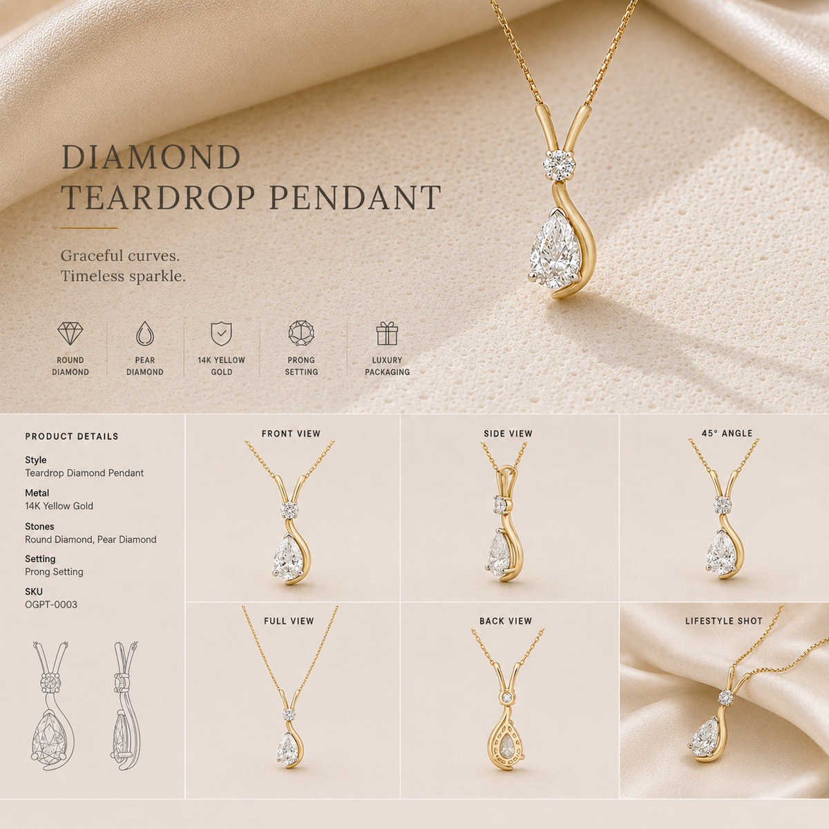 9K gold pear drop diamond pendant by Oré, view 3