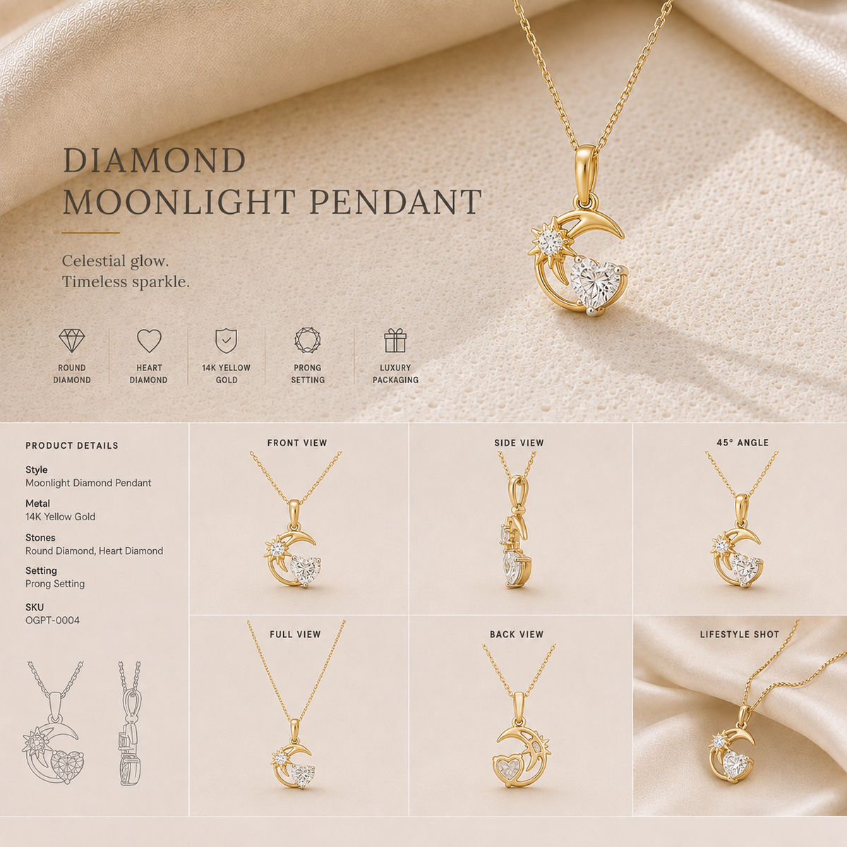 14K gold crescent floral diamond pendant by Oré, view 2