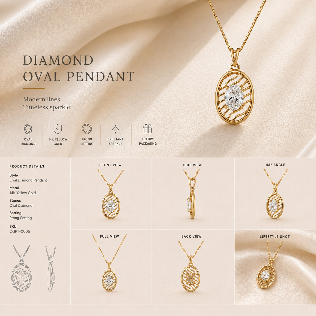 18K gold oval openwork diamond pendant by Oré, view 3