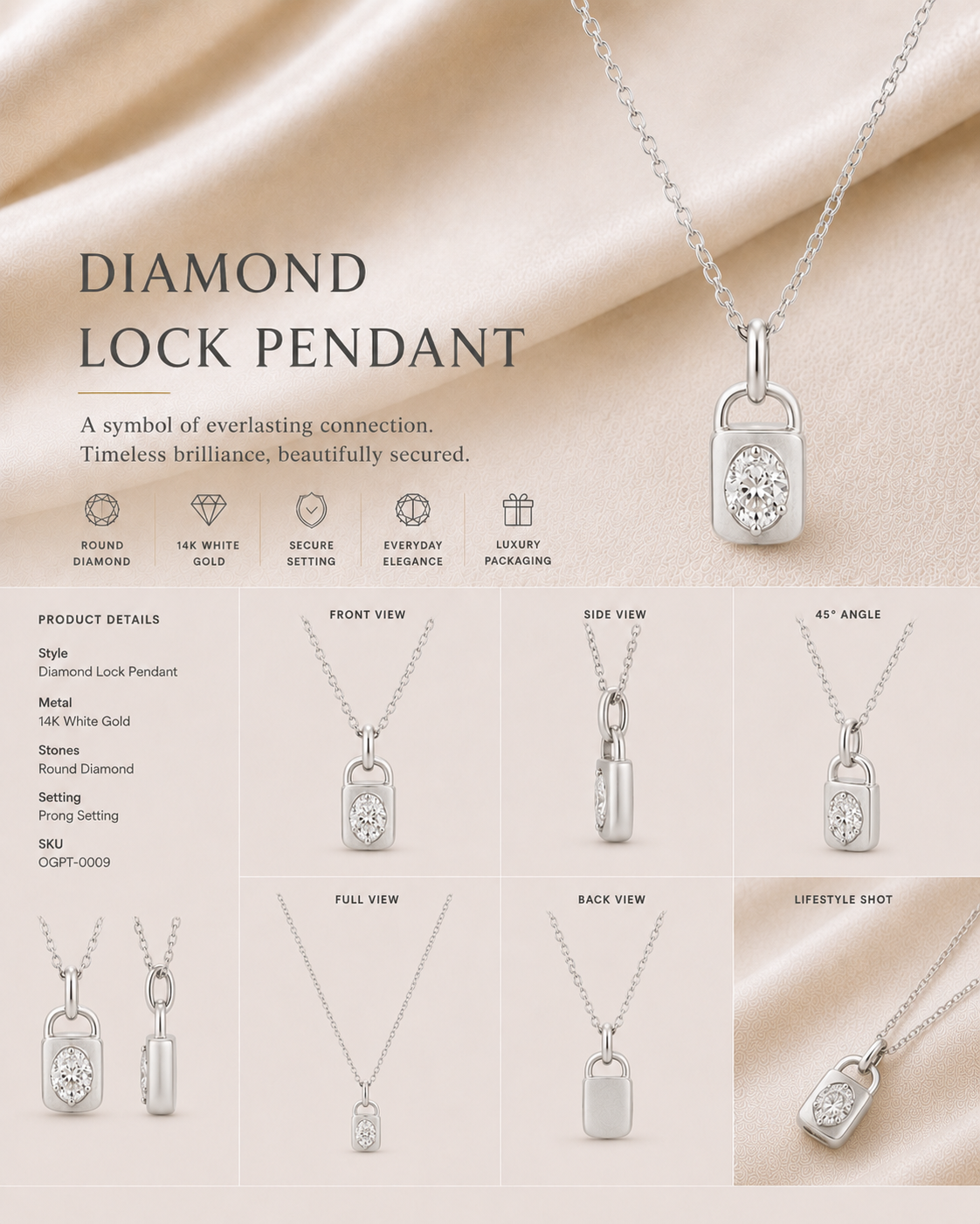 18K gold rectangular halo diamond pendant by Oré, view 3
