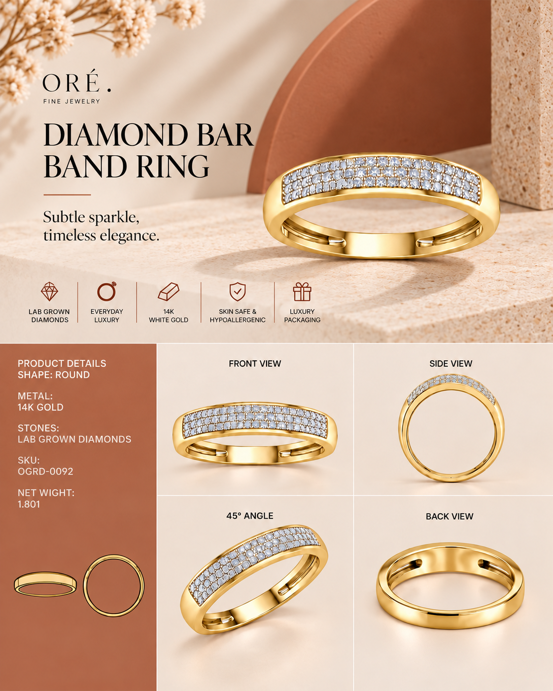 14K yellow gold pavé openwork diamond ring by Oré, view 3