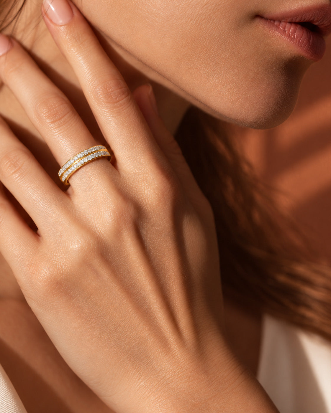 14K yellow gold wide pavé diamond band ring by Oré, view 2