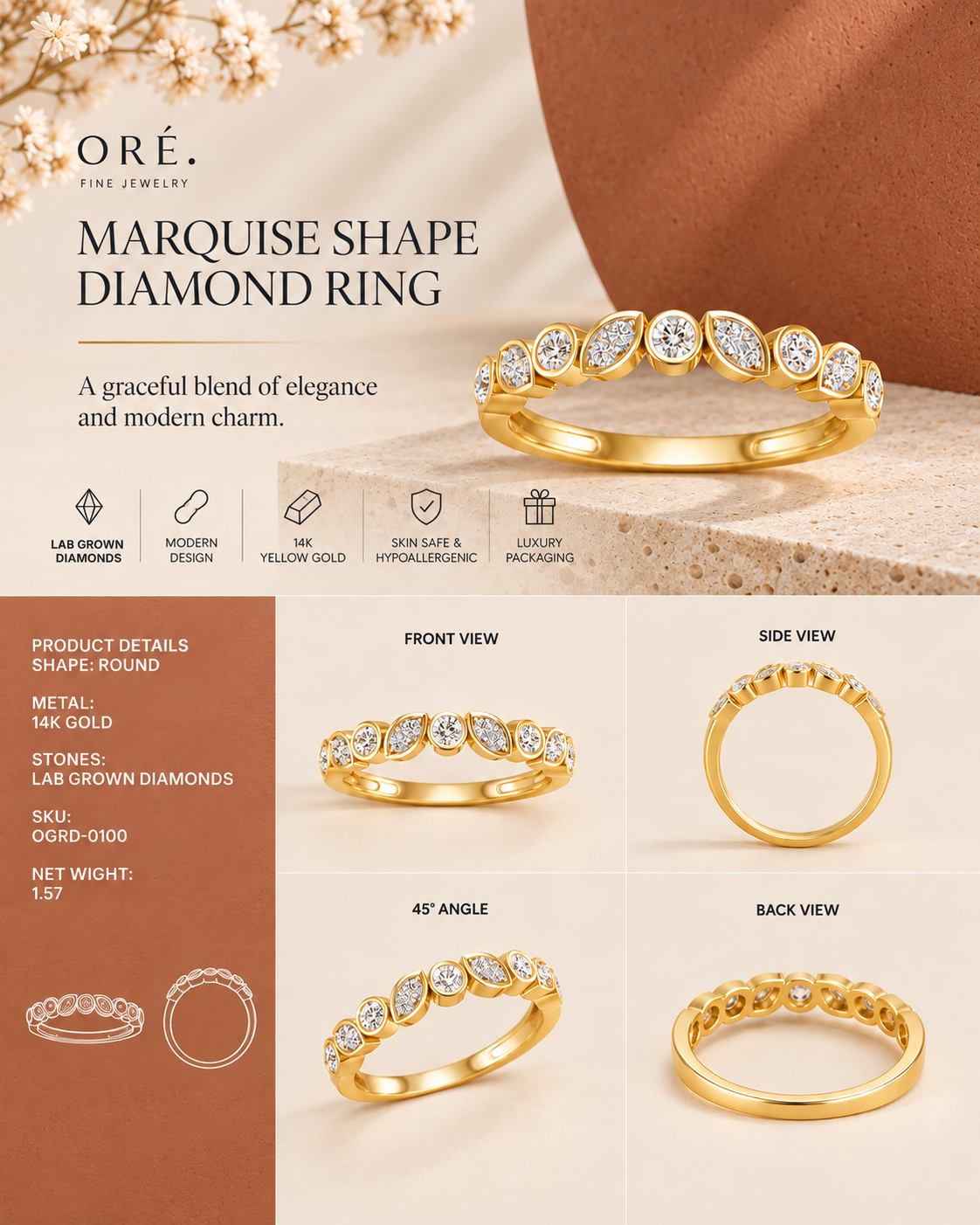 14K yellow gold floral diamond cluster ring by Oré, view 3