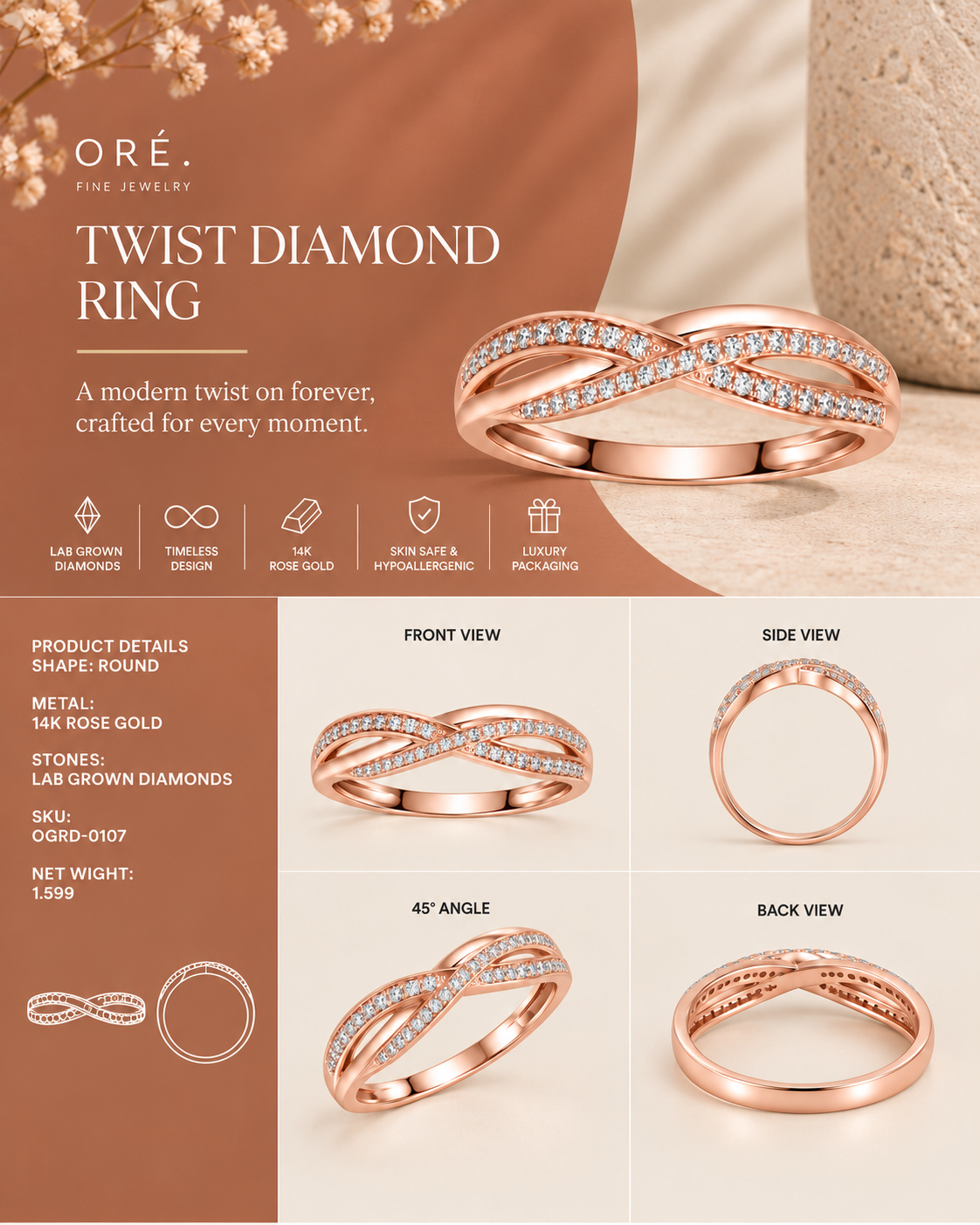 14K rose gold pavé cluster band ring by Oré, view 3