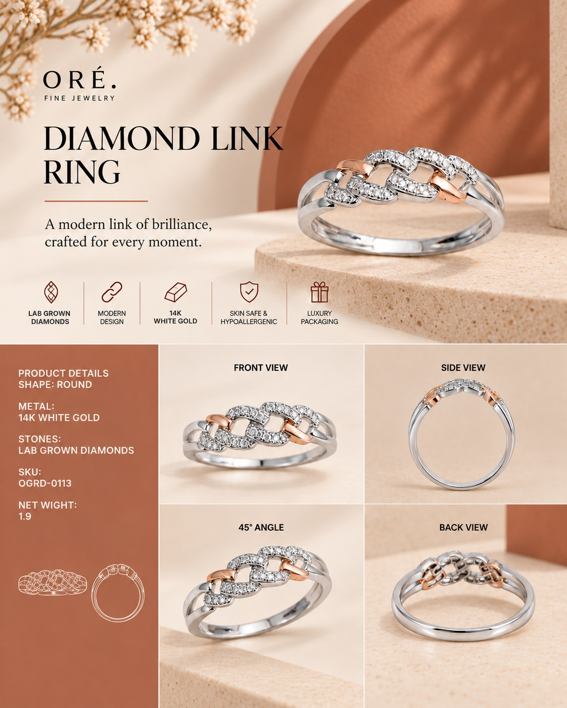 14K white gold pavé wave diamond band ring by Oré, view 3