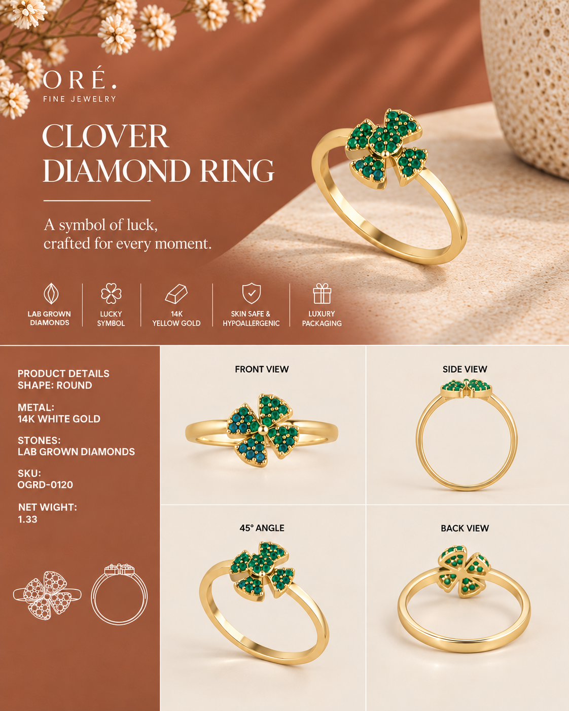 14K yellow gold pavé crown diamond band ring by Oré, view 3