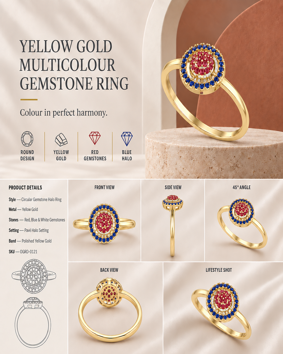 9K yellow gold multi-row pavé diamond band ring by Oré, view 3