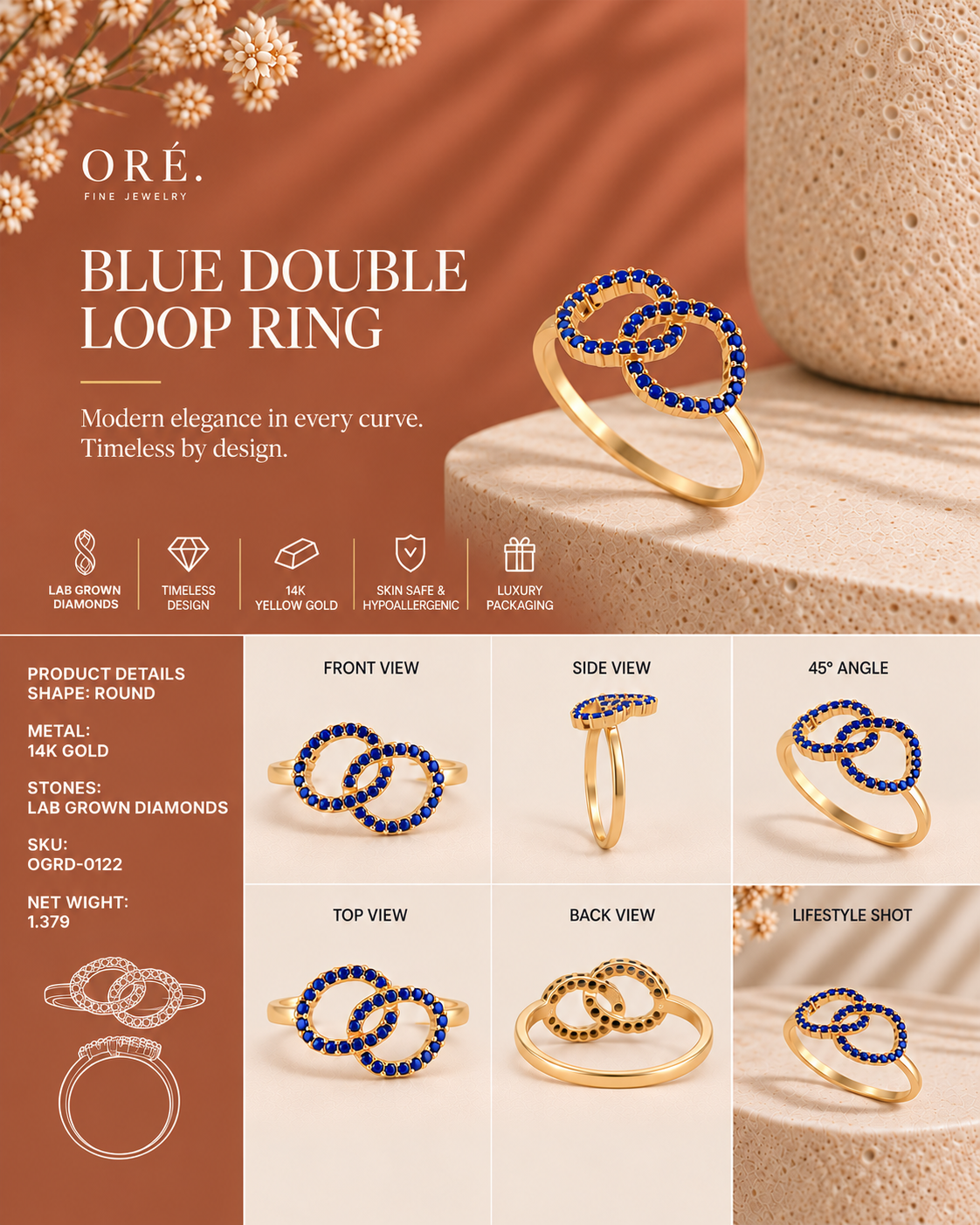 14K yellow gold layered pavé diamond band ring by Oré, view 3
