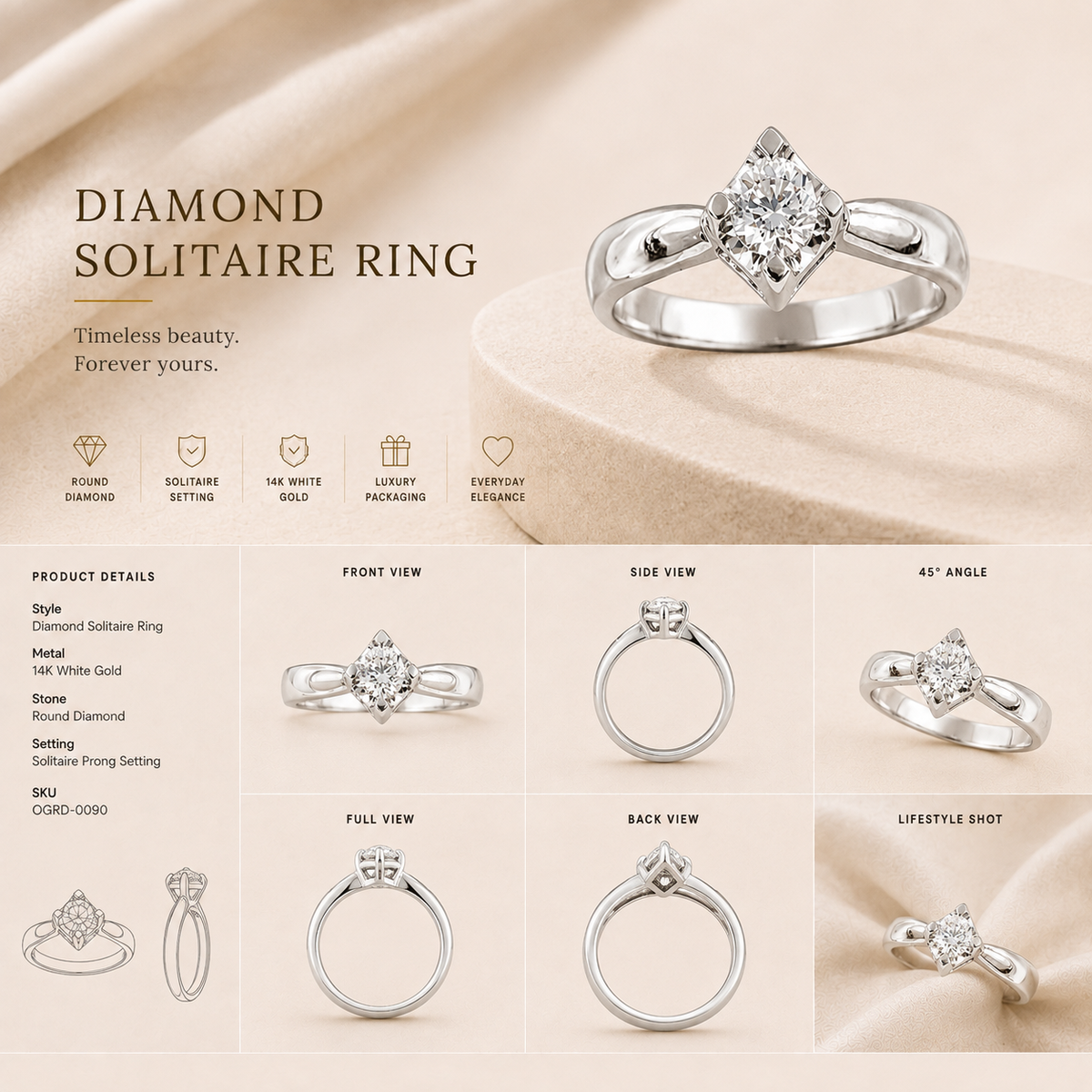 18K gold cushion halo diamond ring by Oré, view 2