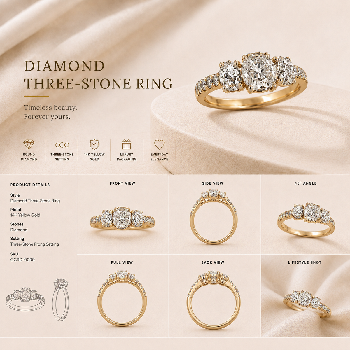 14K gold graduated diamond band ring by Oré, view 2