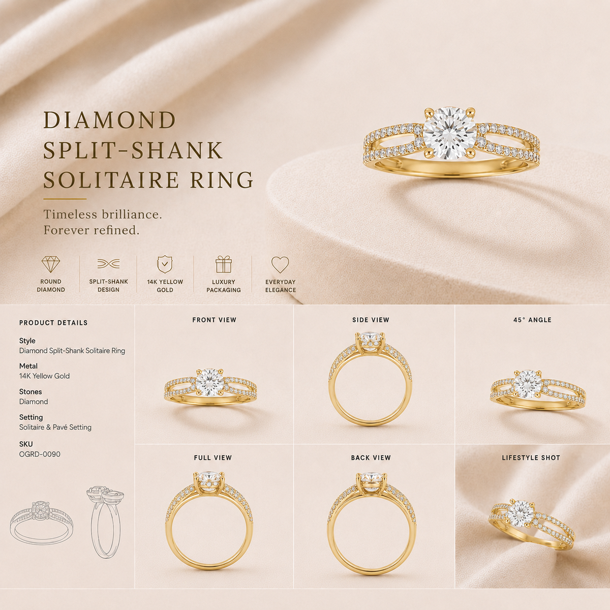 18K gold round halo solitaire ring by Oré, view 3