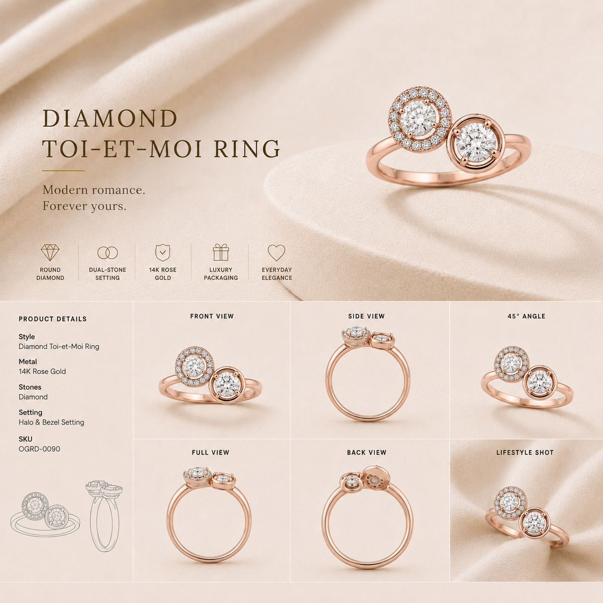 18K gold halo bypass diamond ring by Oré, view 3