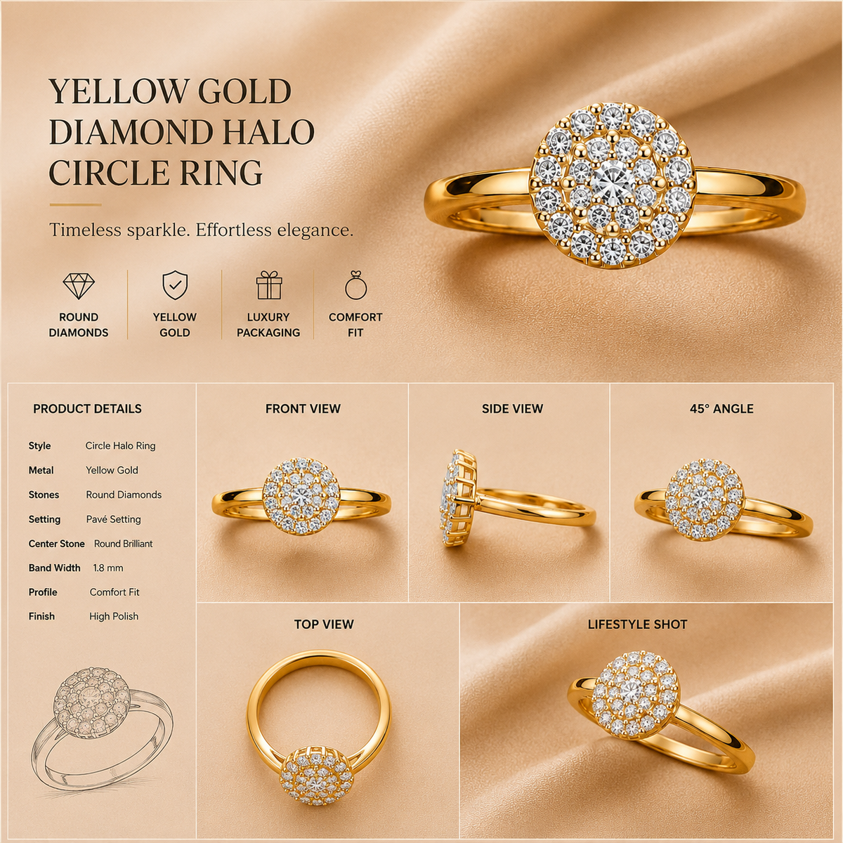 9K gold round diamond cluster ring by Oré, view 3
