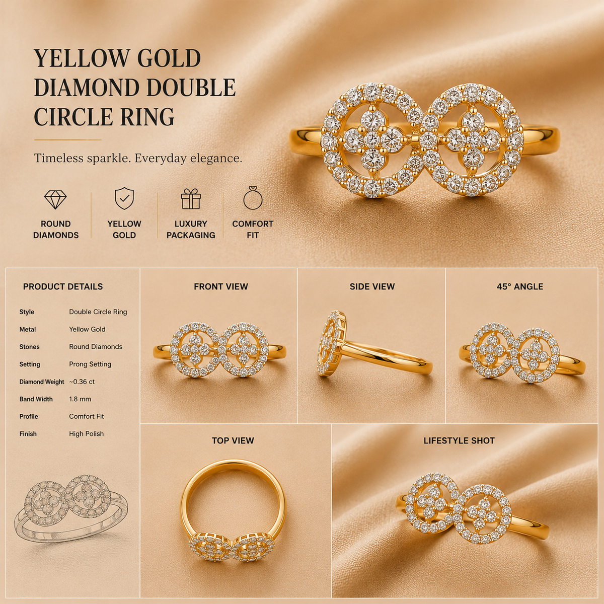 9K gold interlocking double-circle diamond ring by Oré, view 3