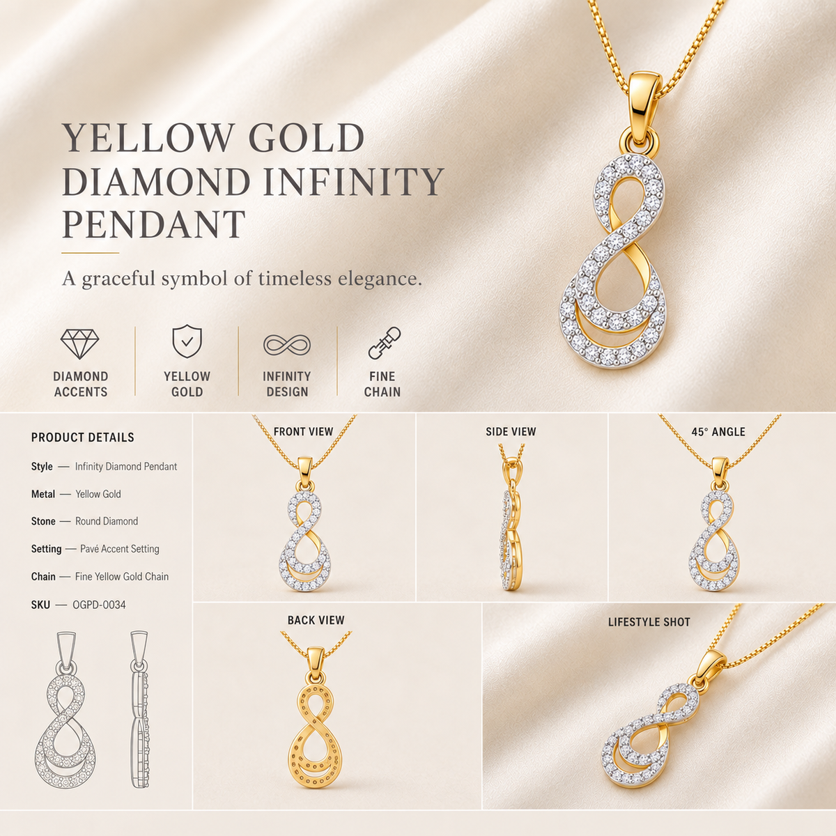 9K gold double teardrop diamond pendant by Oré, view 3