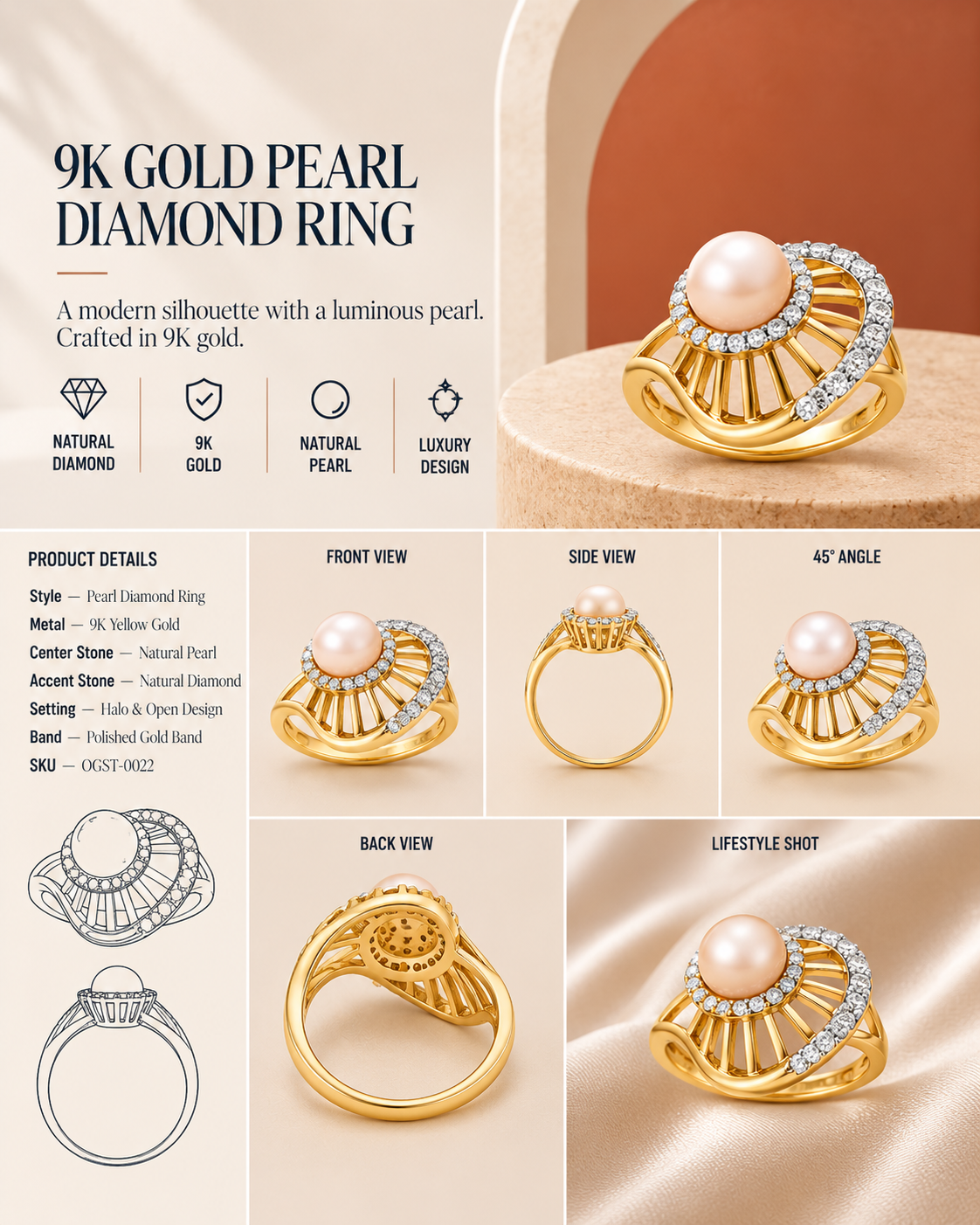Oré 9K Gold Pearl Halo Ring with laboratory-grown diamonds, view 3