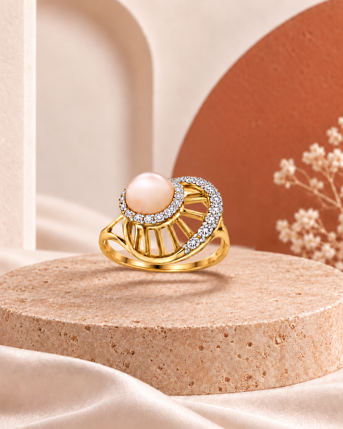 Oré 9K Gold Pearl Halo Ring with laboratory-grown diamonds, view 1