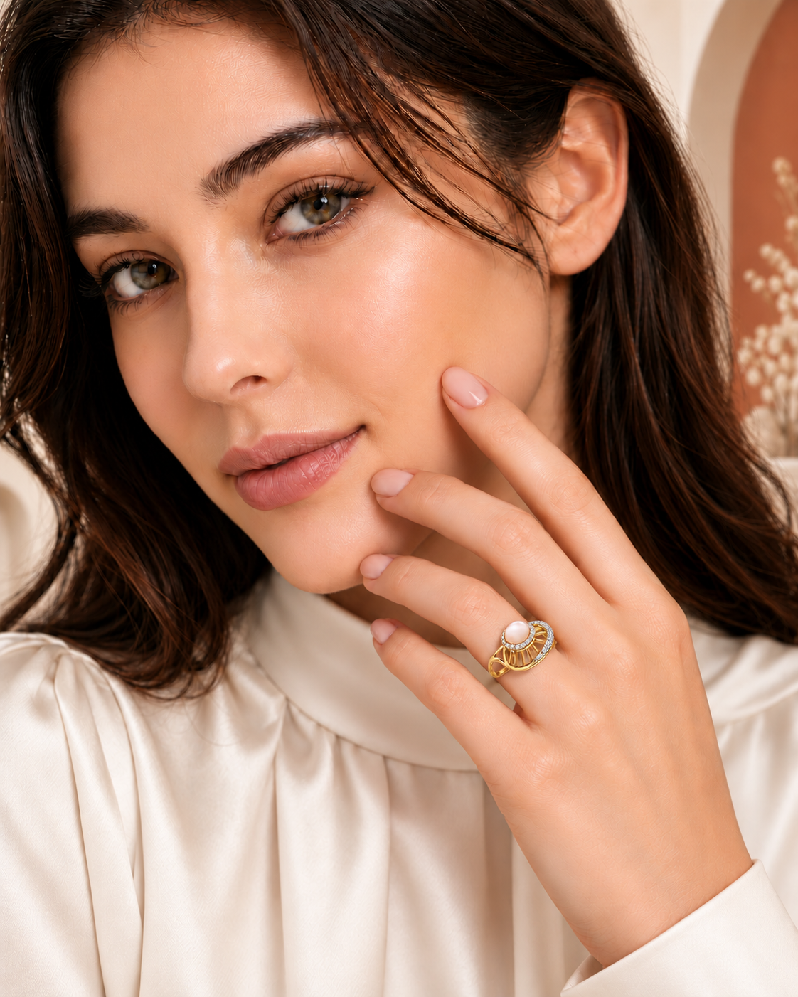 Oré 9K Gold Pearl Halo Ring with laboratory-grown diamonds, view 2
