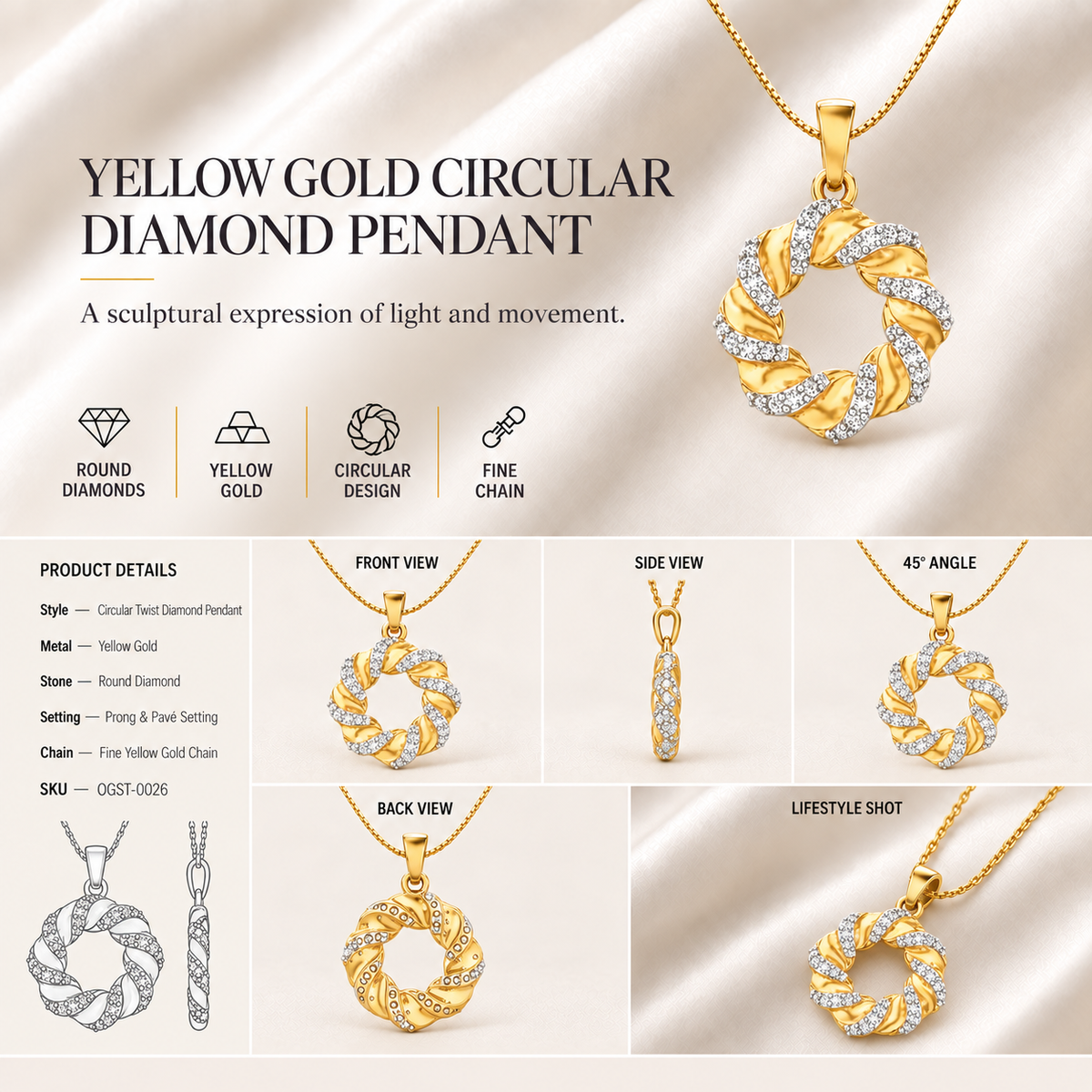 14K gold floral wreath diamond pendant by Oré, view 3