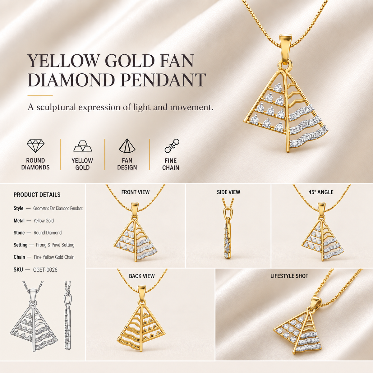 14K gold geometric tiered diamond pendant by Oré, view 3