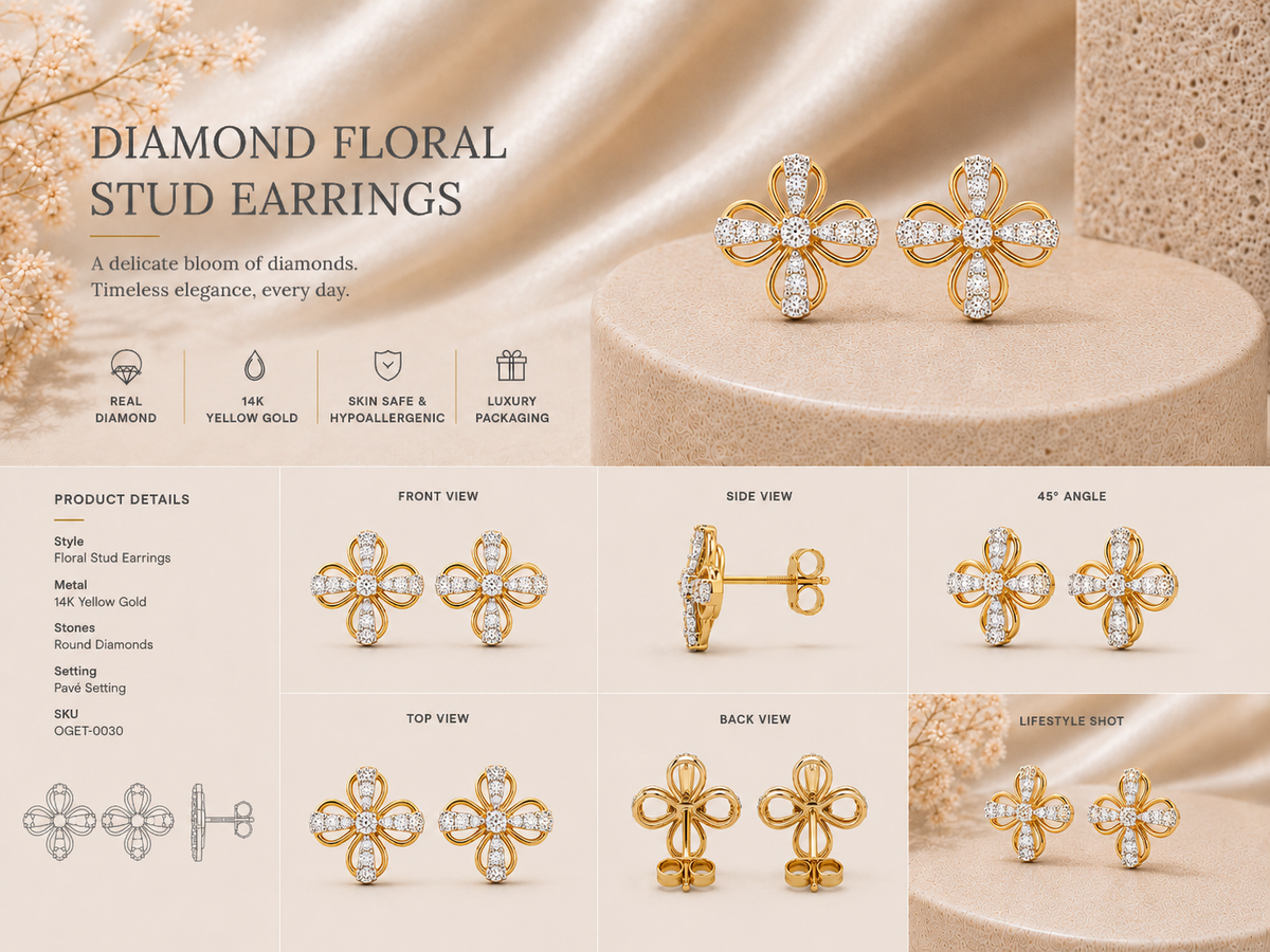 14K gold floral cluster diamond stud earrings by Oré: front, side, top and back views
