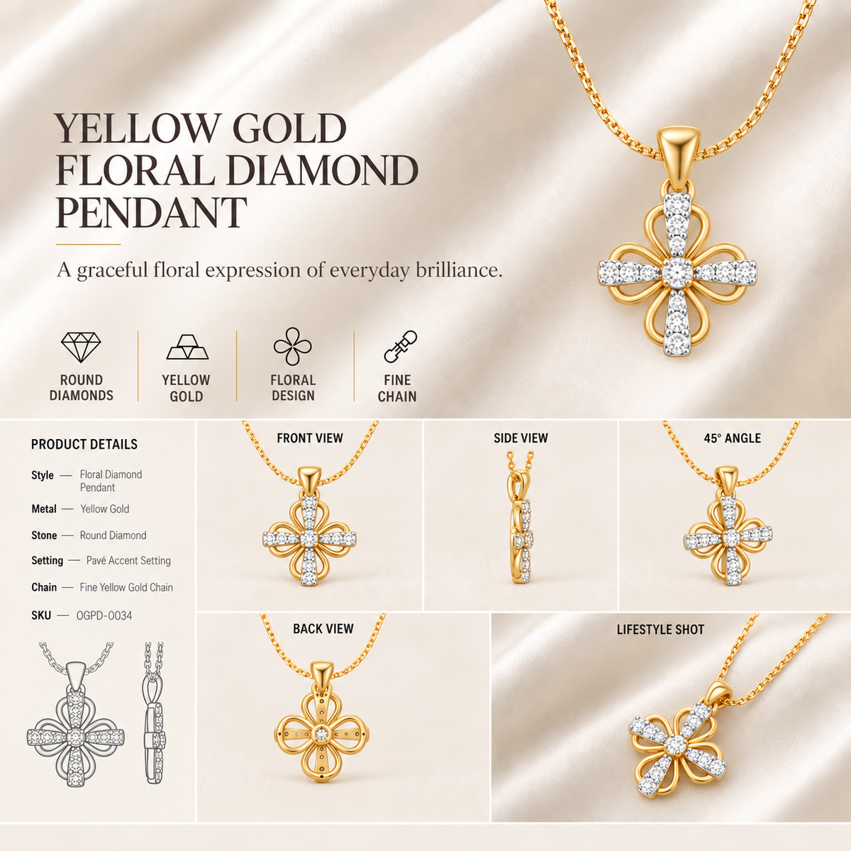 14K gold floral cluster diamond pendant by Oré: front, side and back views