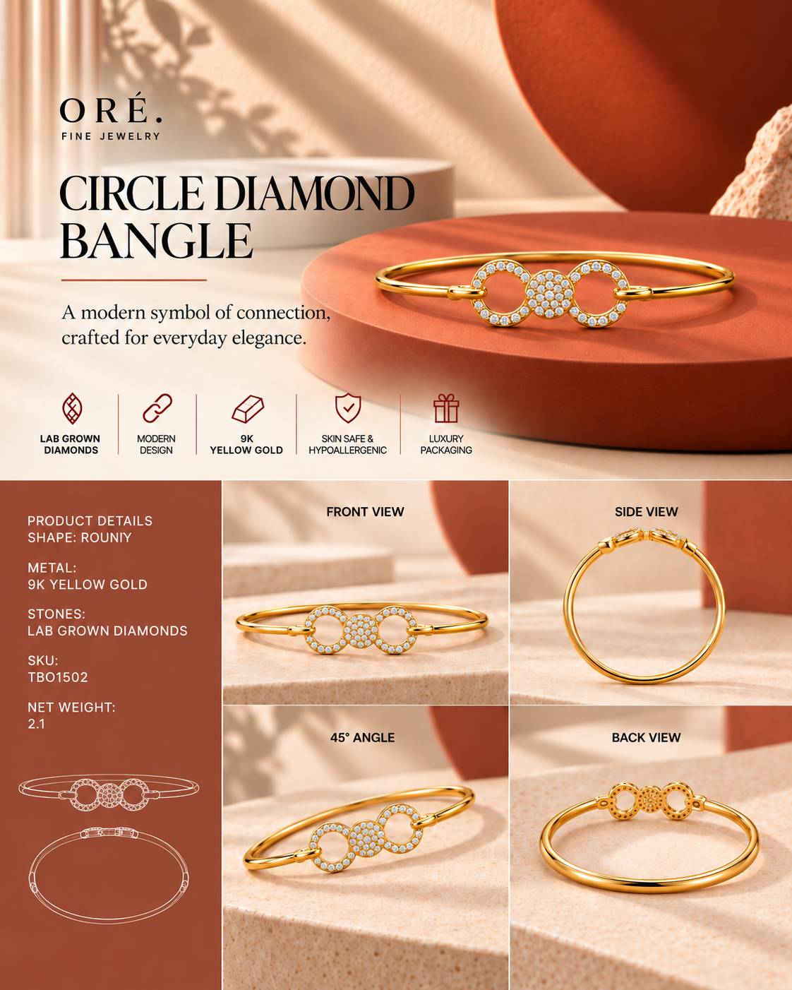 Oré 9K Gold Floral Infinity Diamond Bangle, set with laboratory-grown diamonds, view 3