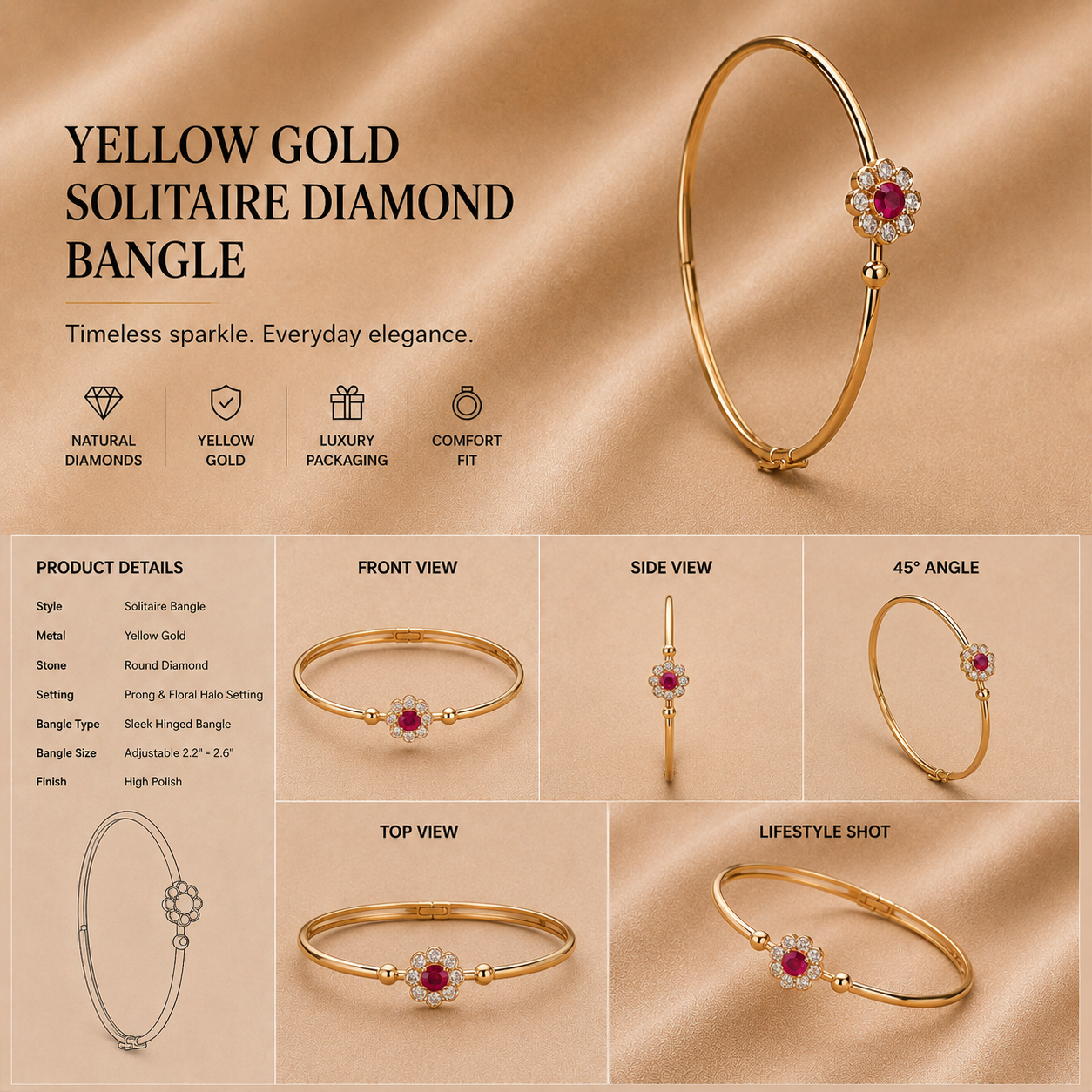 Ore 9K Gold Delicate Floral Open Bangle