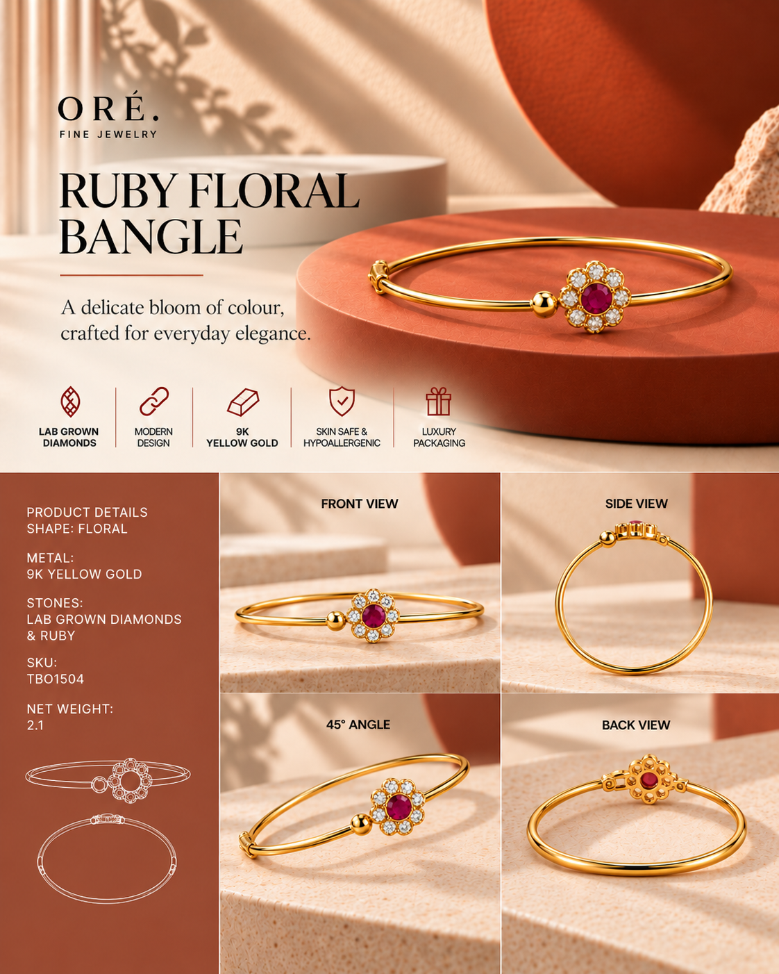 Oré 9K Gold Delicate Floral Open Bangle with laboratory-grown diamonds, view 3